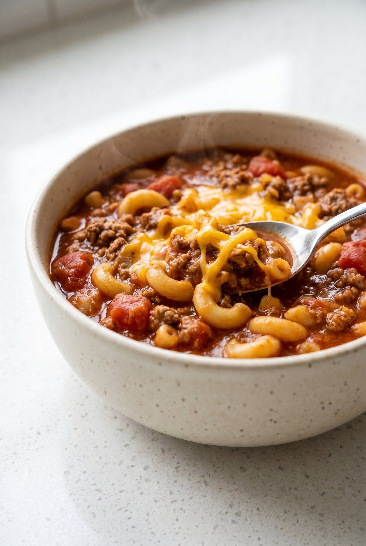 A bowl of American goulash with ground beef, elbow macaroni, and tomatoes under melted cheddar