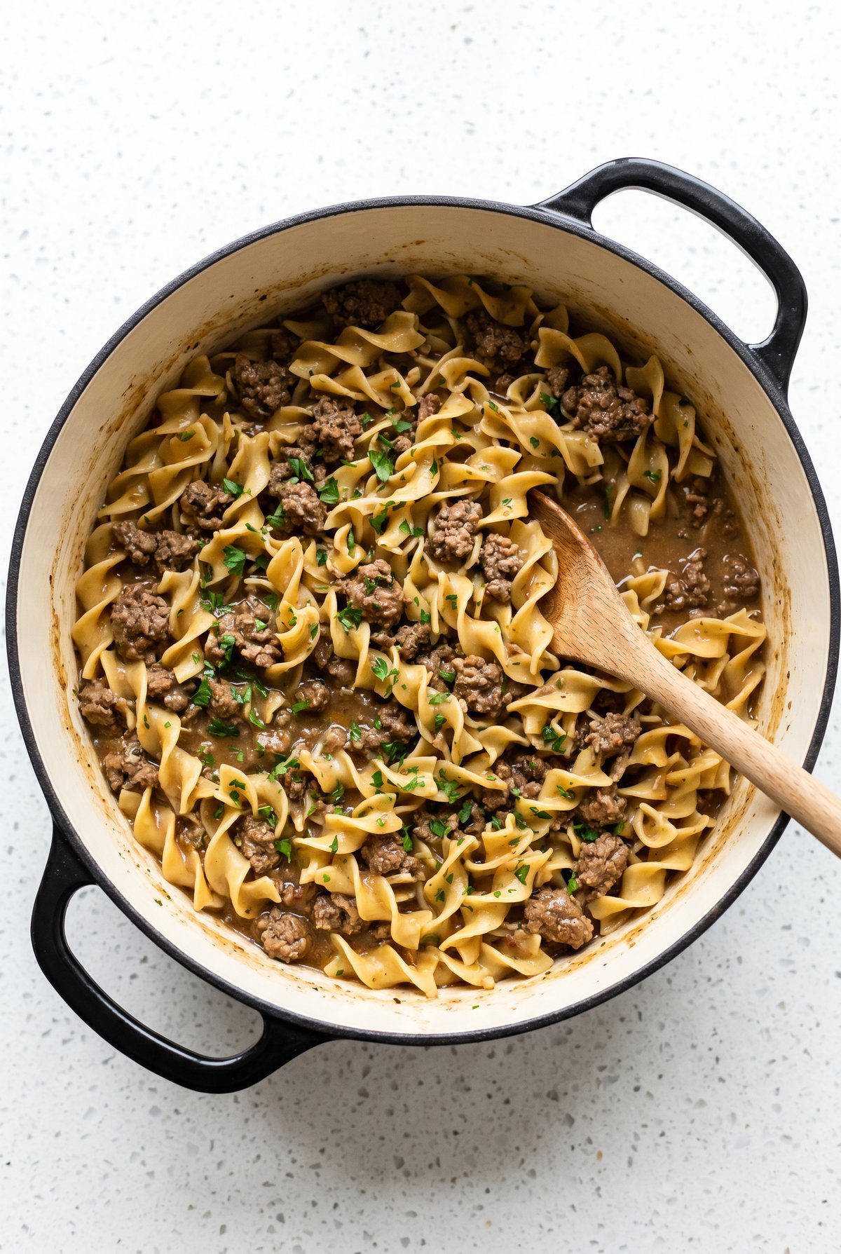 Overhead view of Beef and Noodles