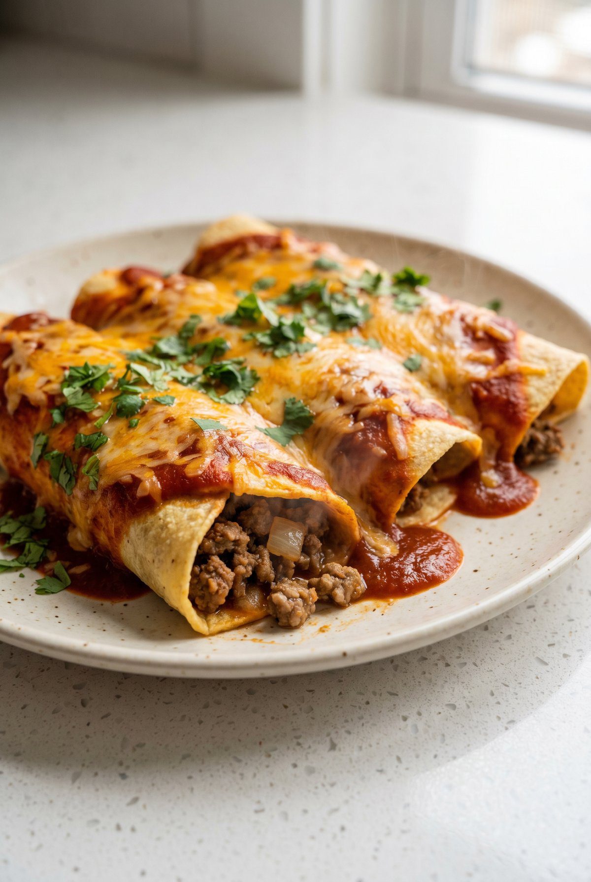 Beef enchiladas in corn tortillas under red sauce and melted cheese, topped with fresh cilantro