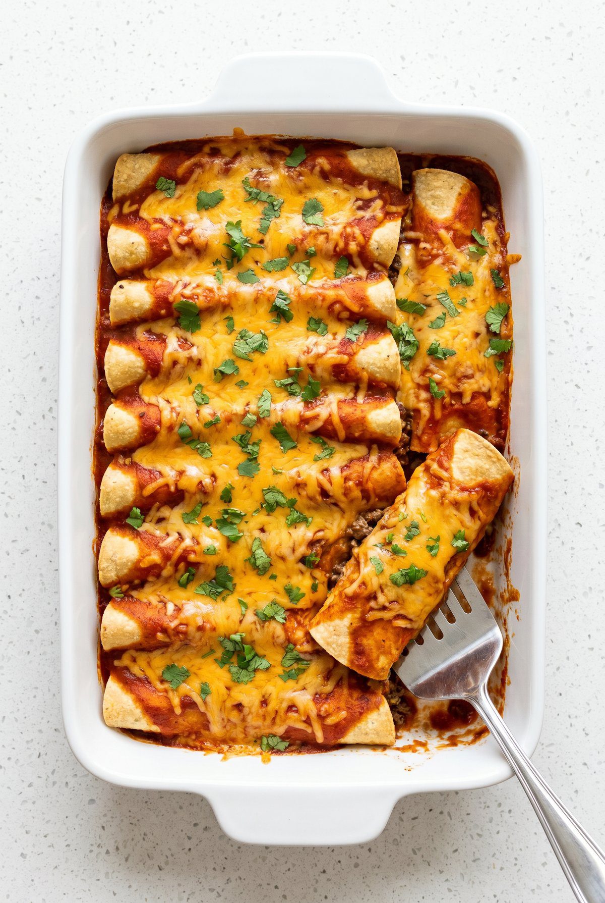 Overhead view of Beef Enchiladas