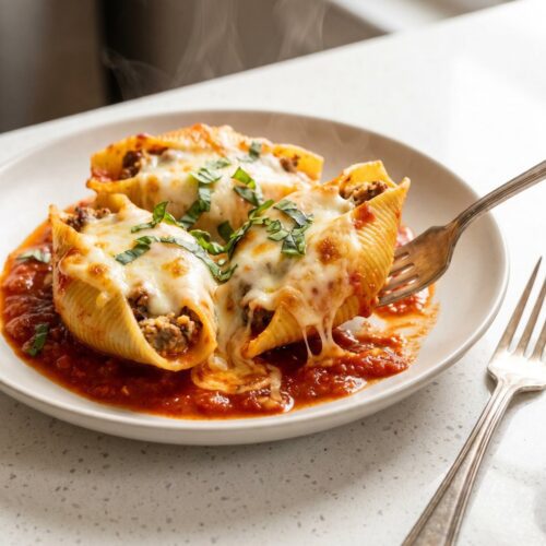 Beef stuffed shells baked in marinara under melted mozzarella, topped with fresh basil
