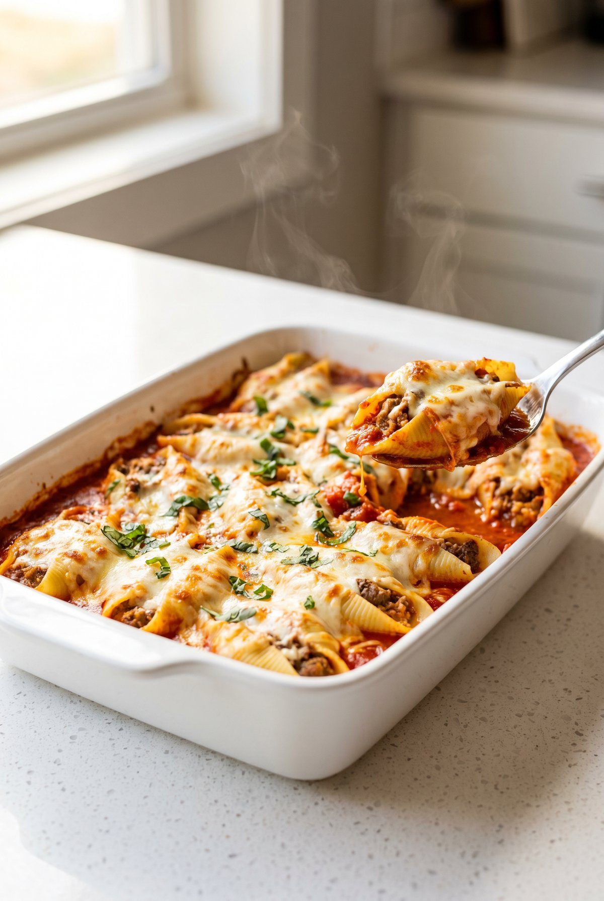 Beef Stuffed Shells ready to serve