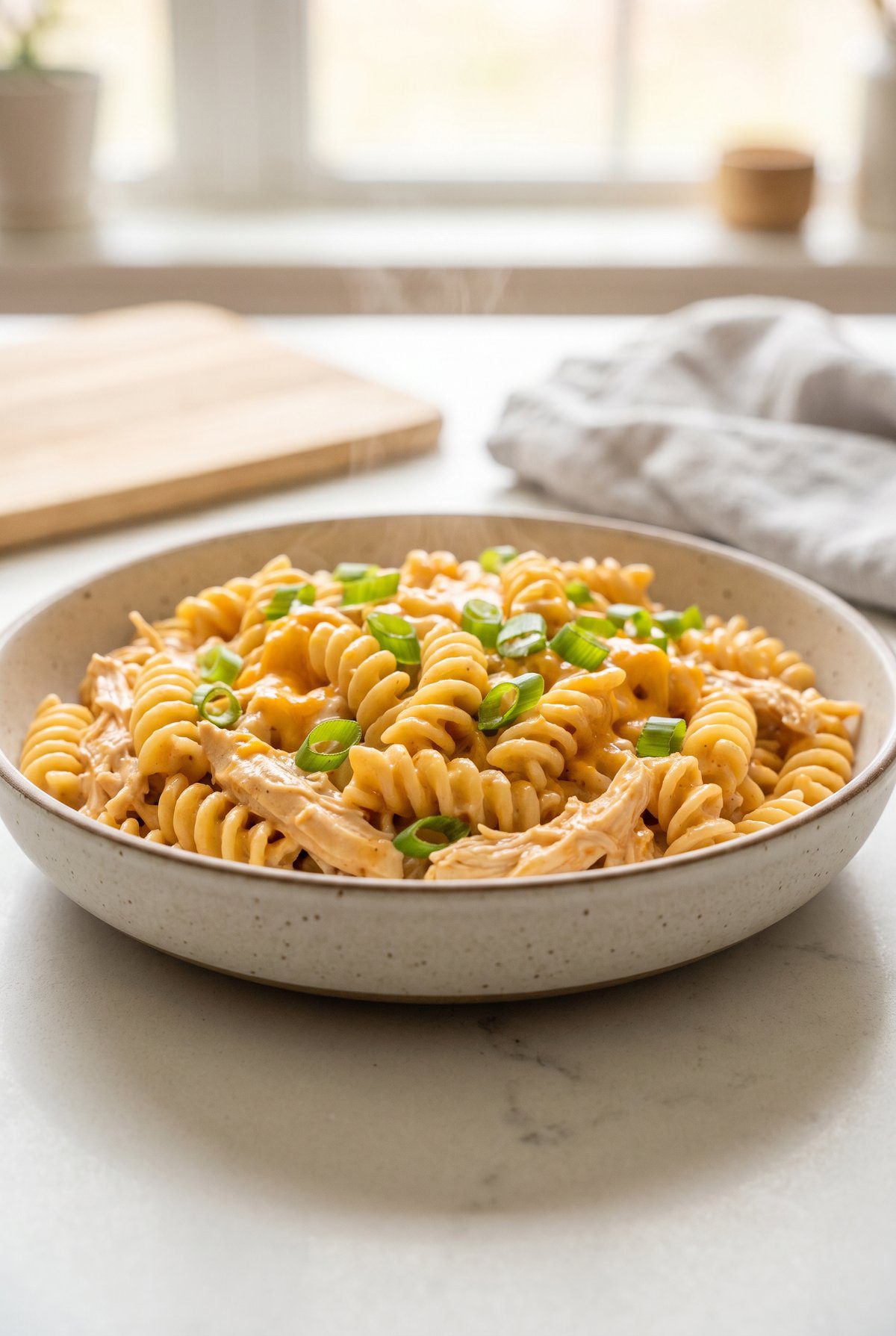 Buffalo Chicken Pasta ready to serve