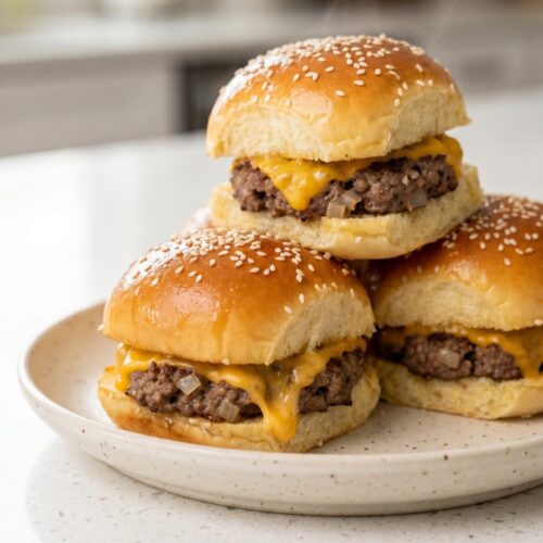 A stack of cheeseburger sliders on sesame-topped buns with melted cheese