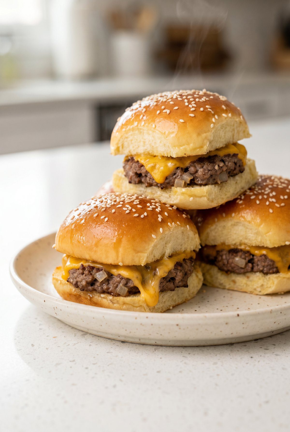 A stack of cheeseburger sliders on sesame-topped buns with melted cheese