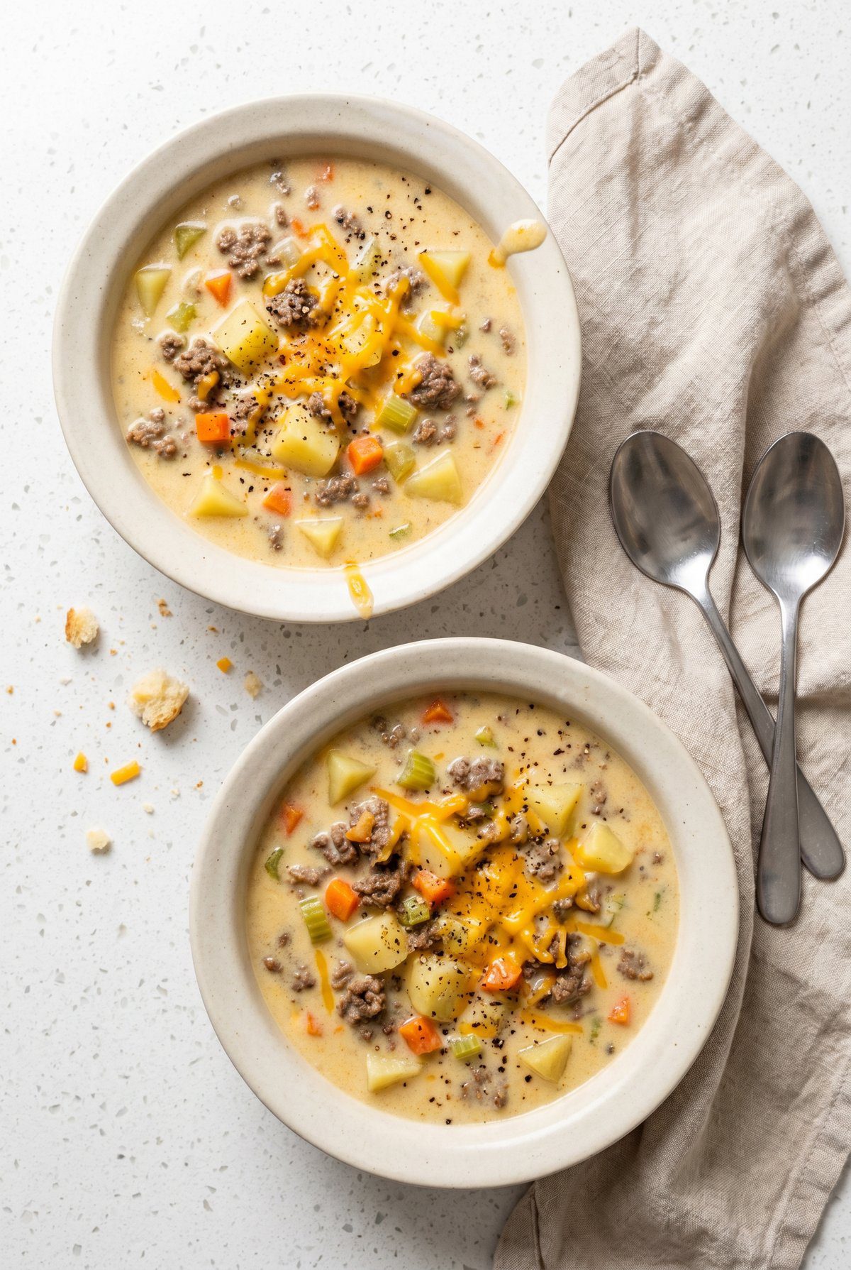 Overhead view of Cheeseburger Soup