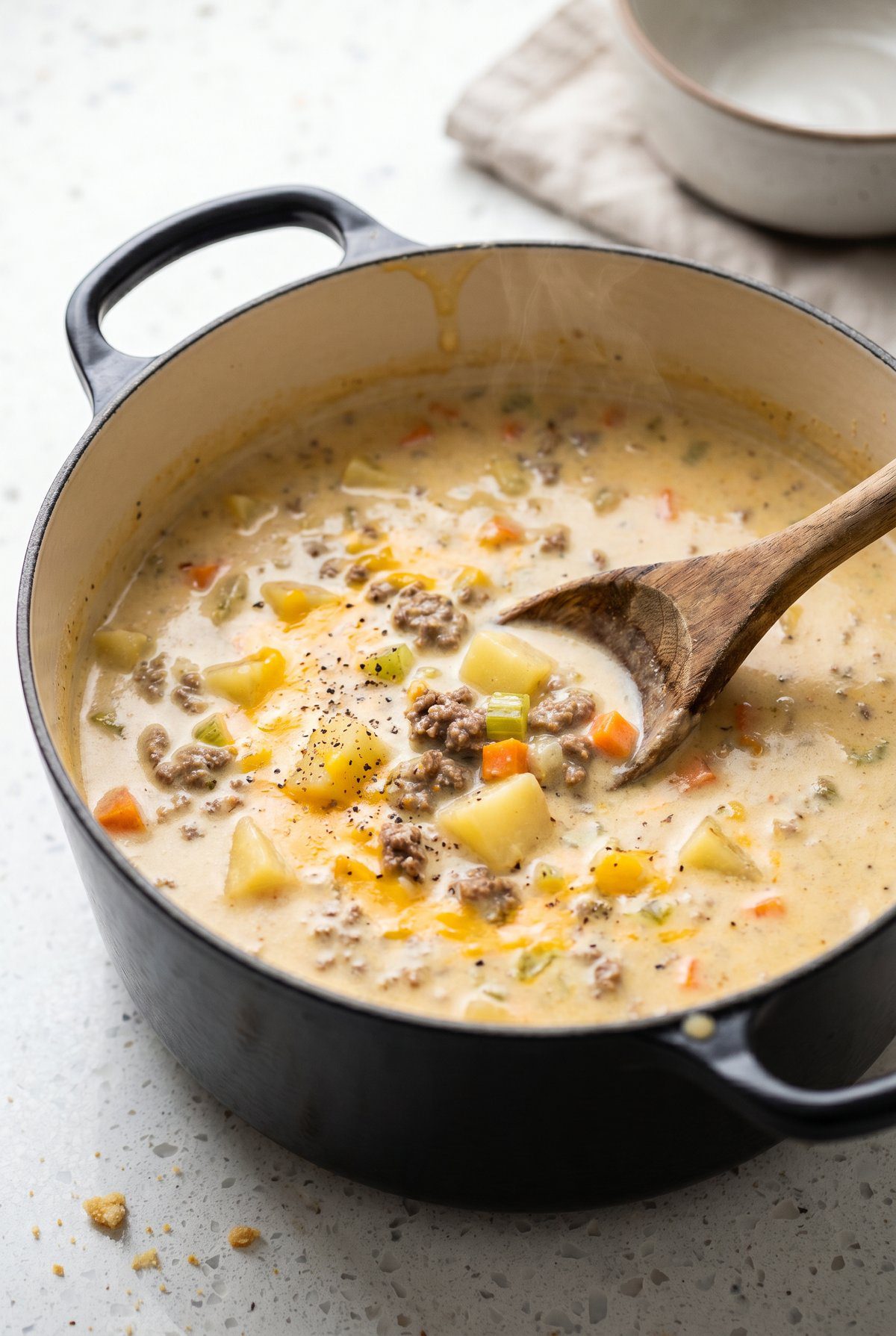 Cheeseburger Soup ready to serve