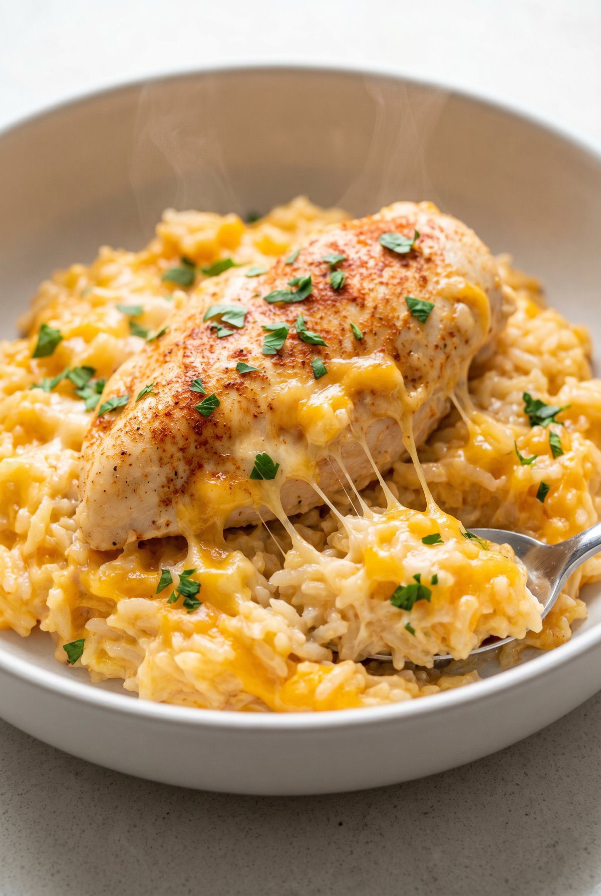 Close-up of Cheesy Chicken and Rice Casserole
