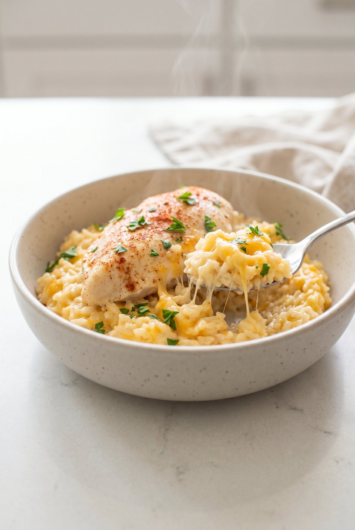 Cheesy Chicken and Rice Casserole served and ready to eat