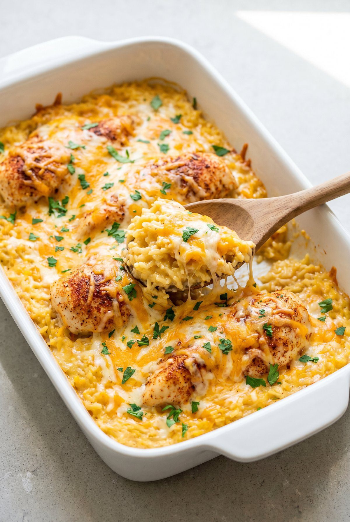Cheesy Chicken and Rice Casserole ready to serve