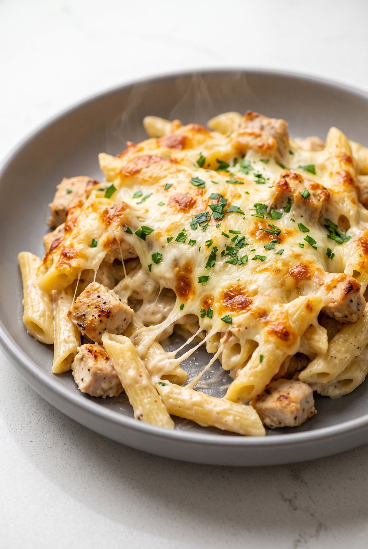Close-up of Chicken Alfredo Bake