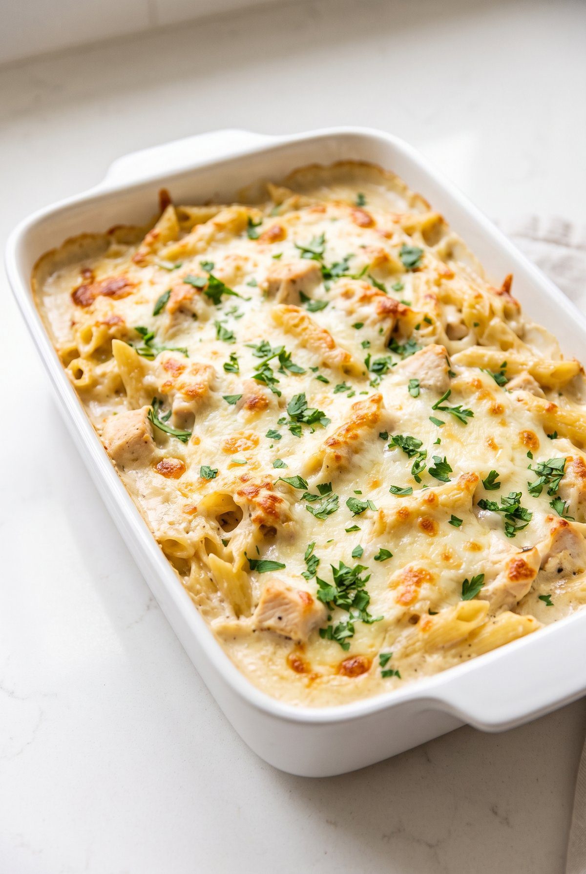 Chicken Alfredo Bake ready to serve