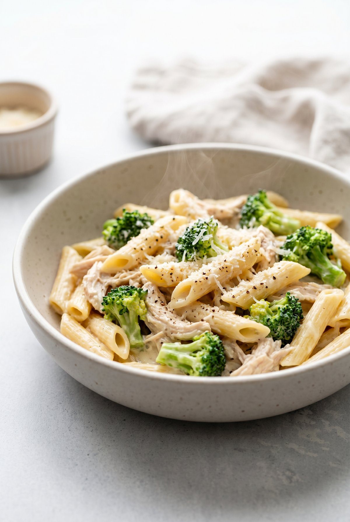 Chicken Broccoli Pasta served and ready to eat
