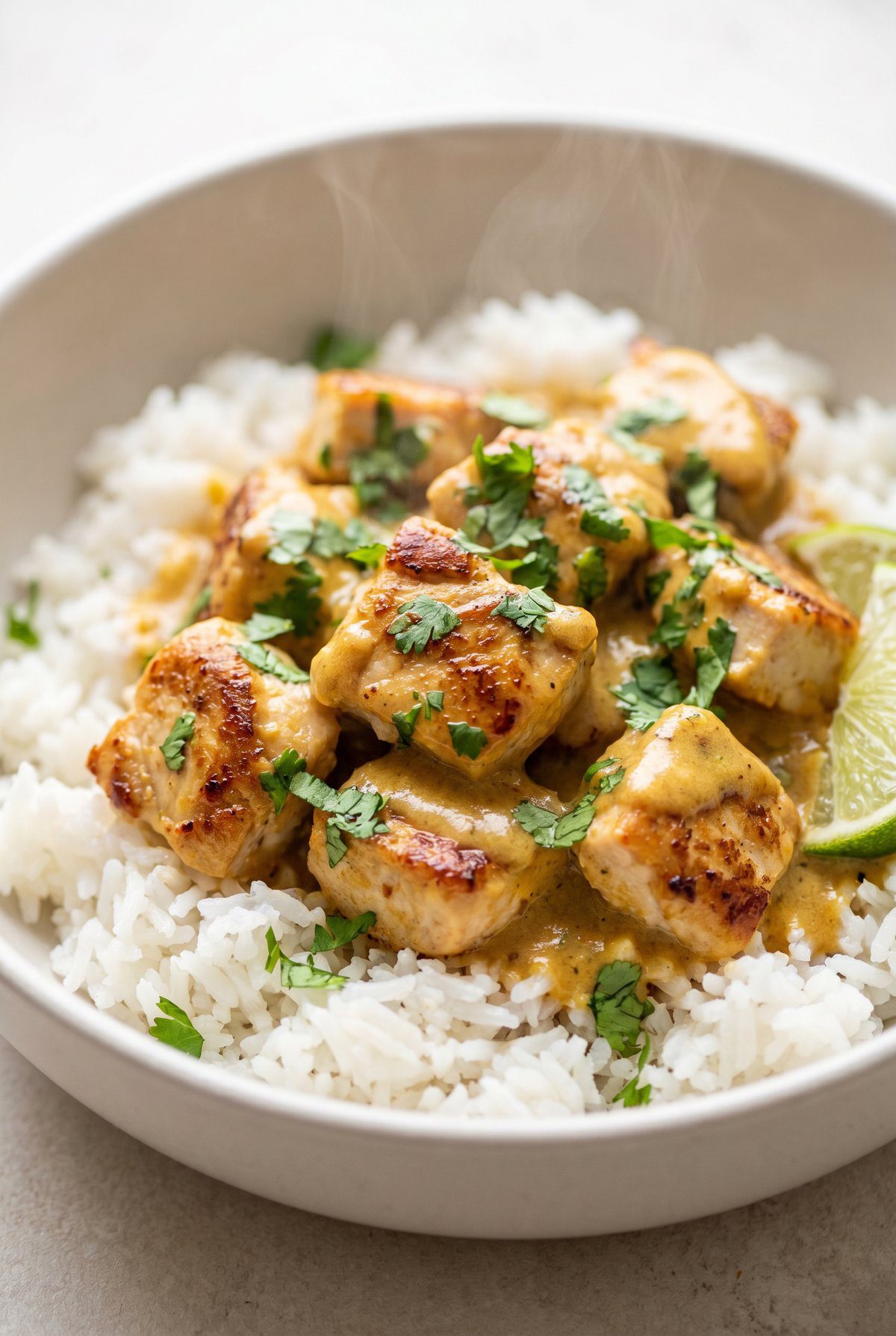 Close-up of Coconut Chicken Rice Bowl