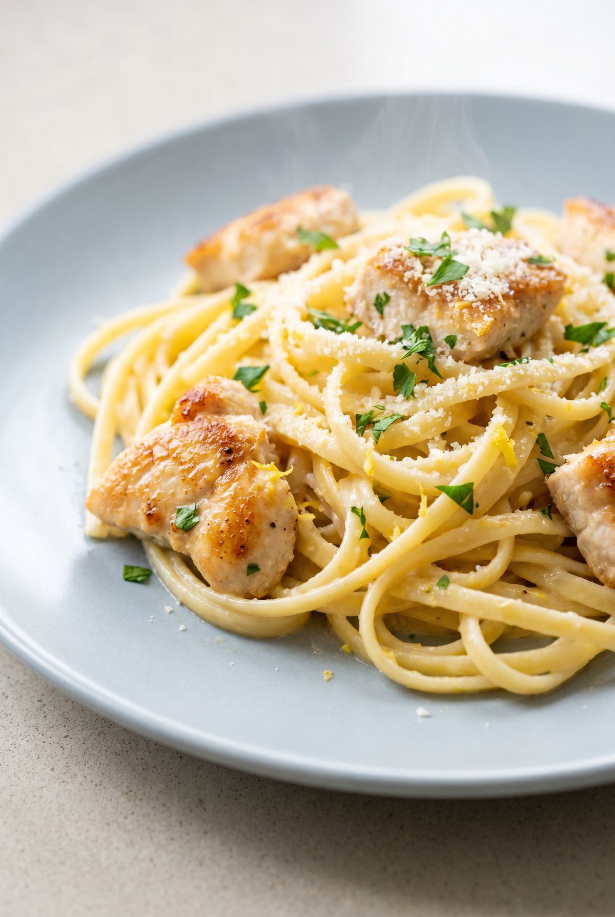 Close-up of Creamy Lemon Chicken Pasta