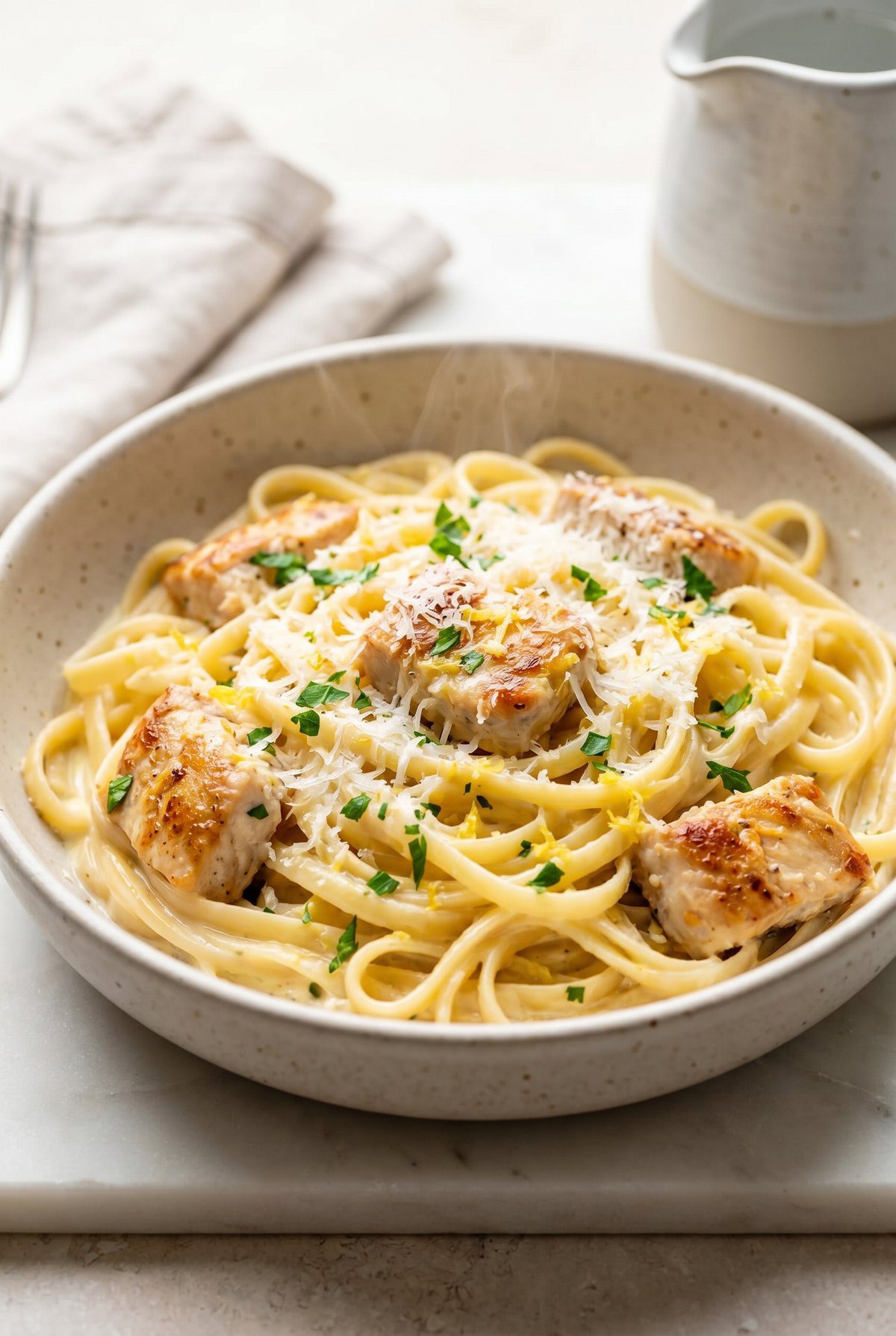 Creamy Lemon Chicken Pasta ready to serve