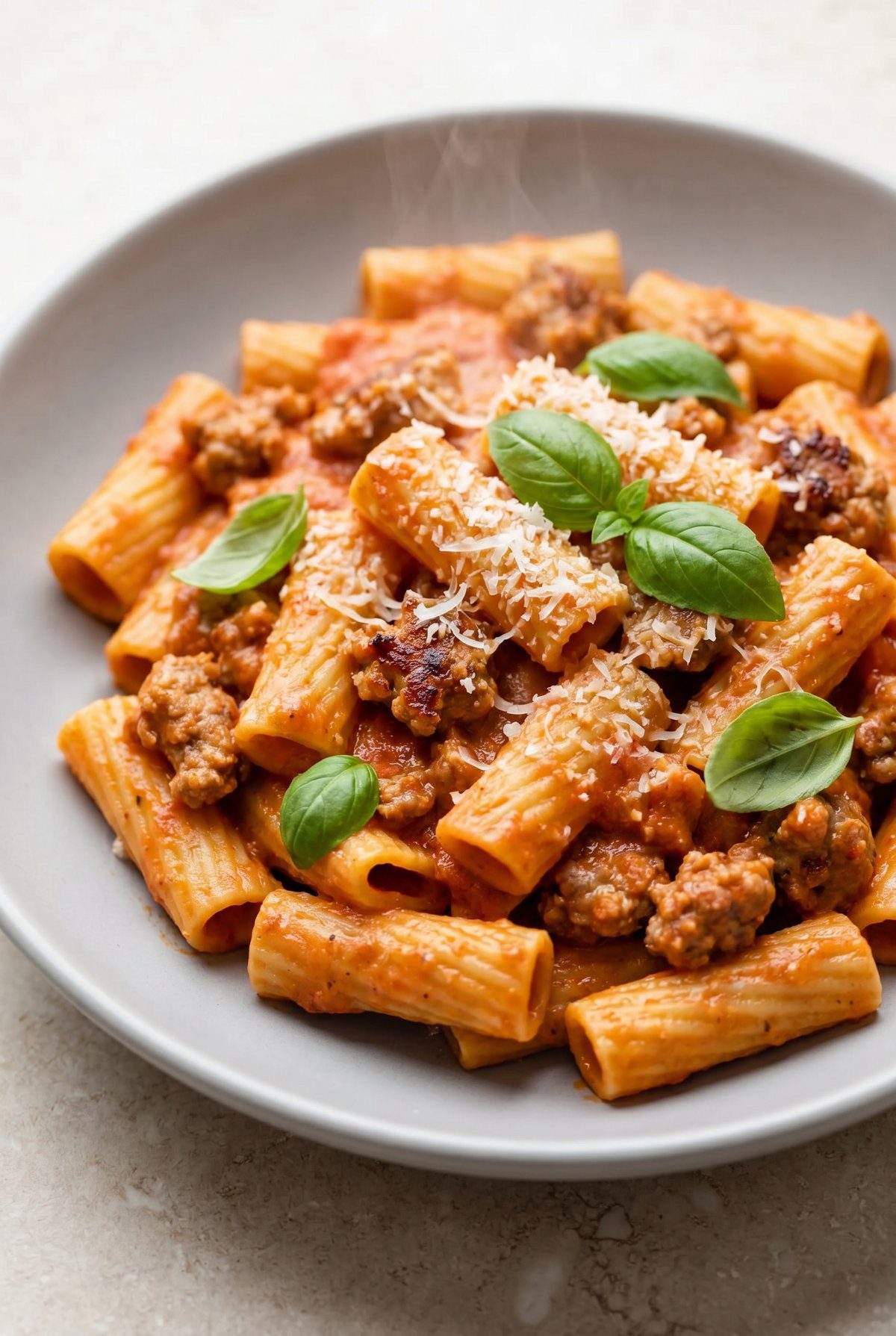 Close-up of Creamy Sausage Rigatoni