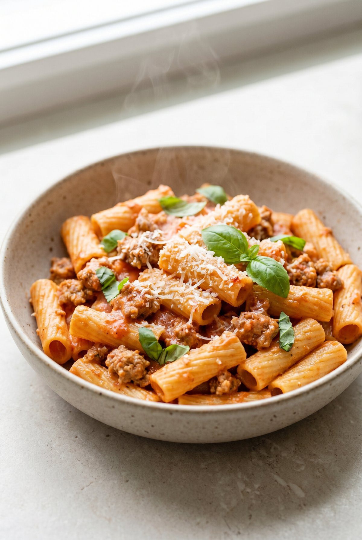 Creamy Sausage Rigatoni served and ready to eat