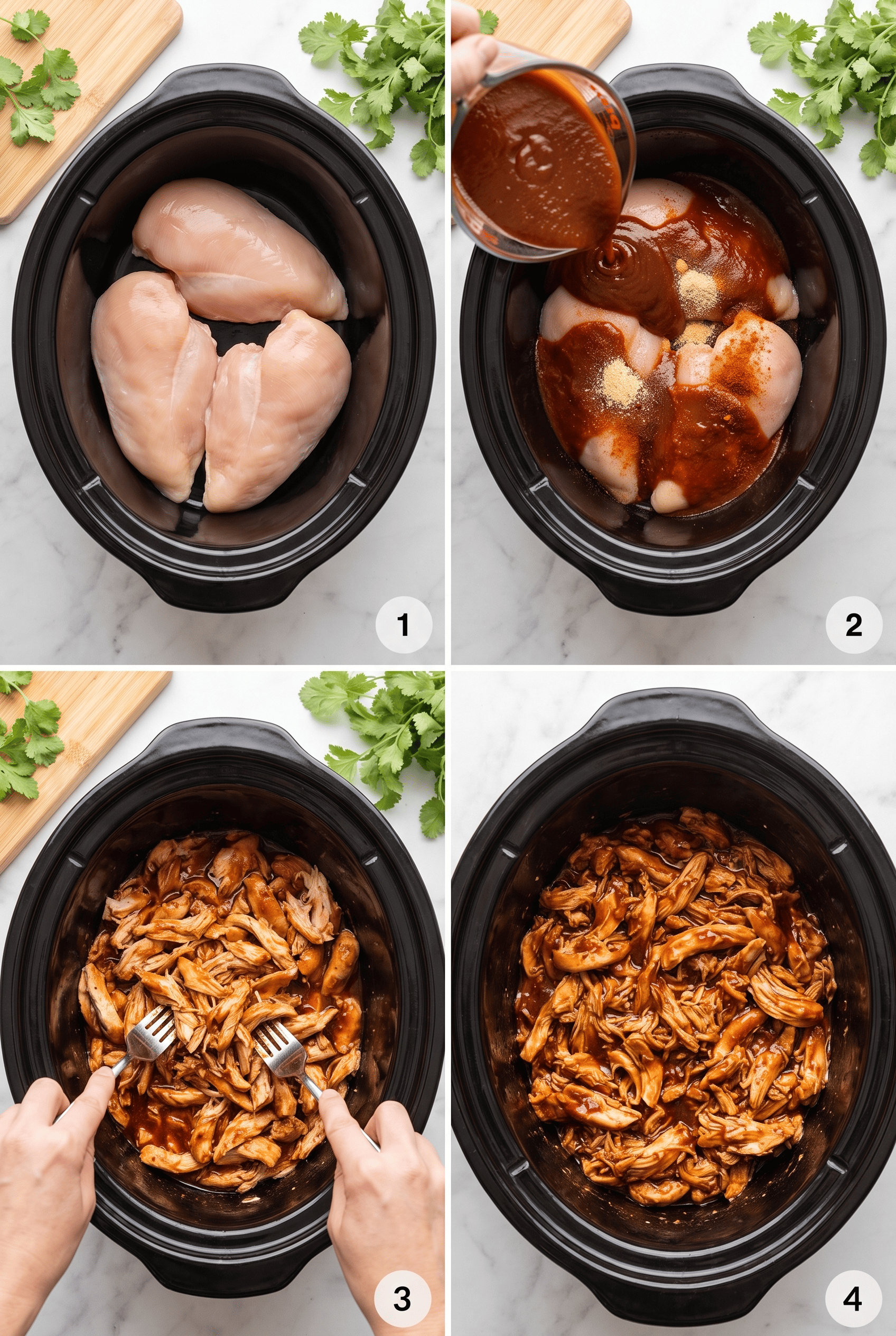 Step by step process collage for making crockpot bbq chicken