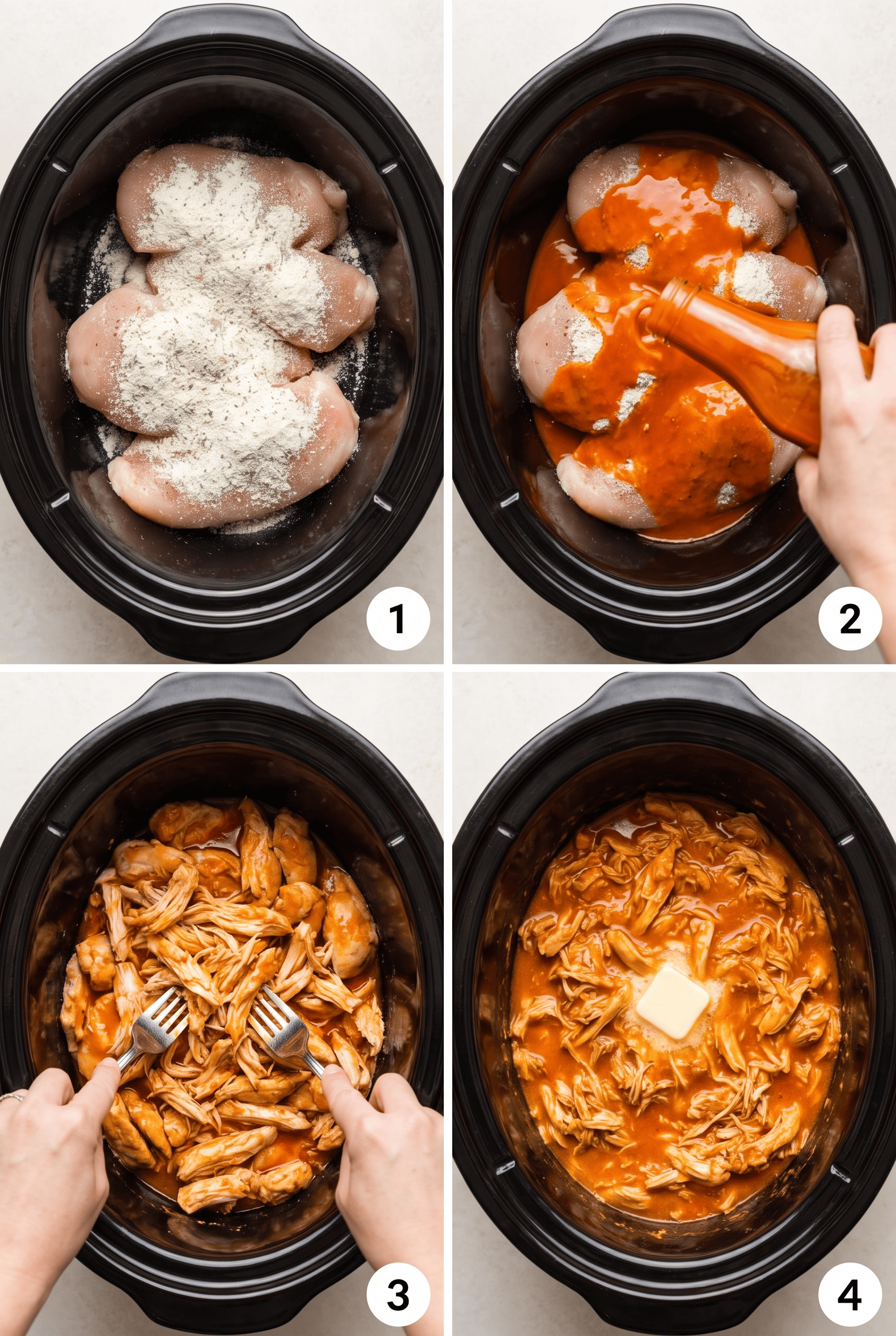 Step by step process collage for making crockpot buffalo chicken