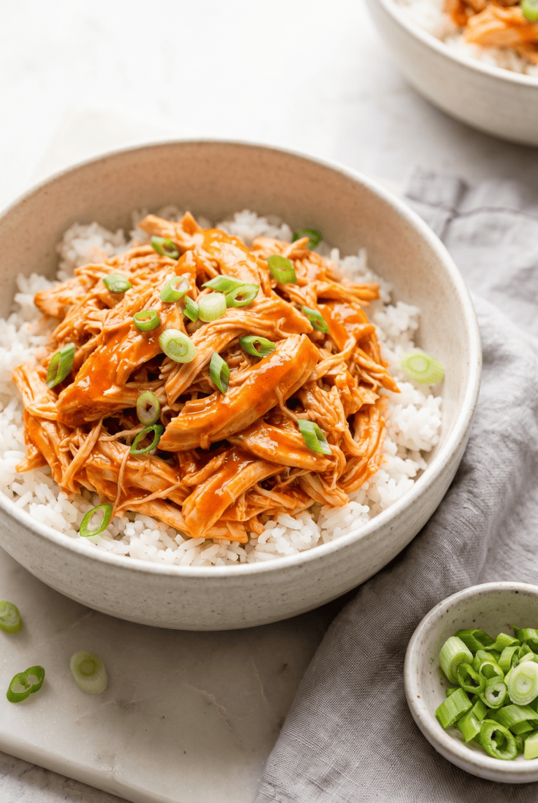 Crockpot buffalo chicken over rice, garnished with green onion
