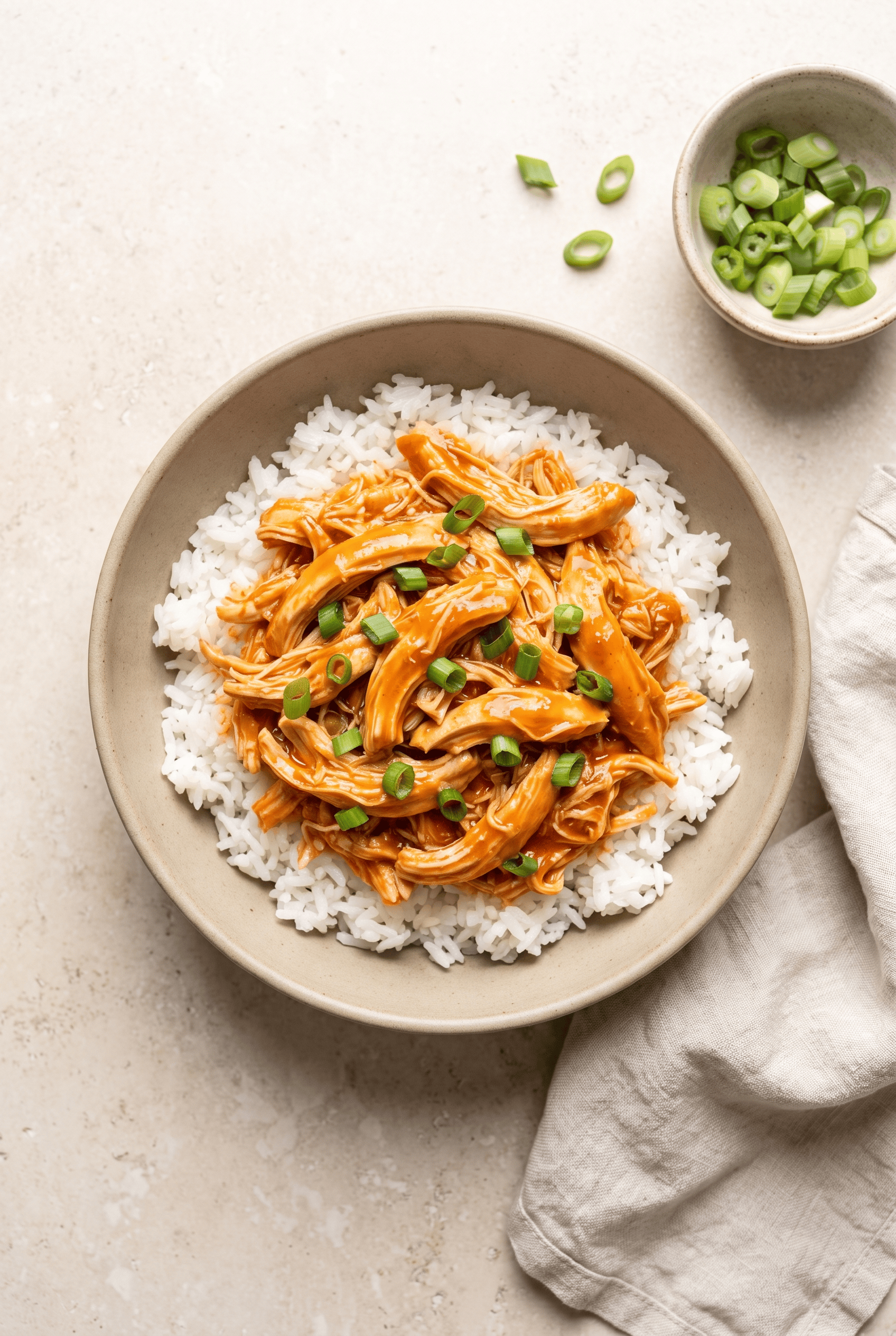 Overhead view of crockpot buffalo chicken over rice