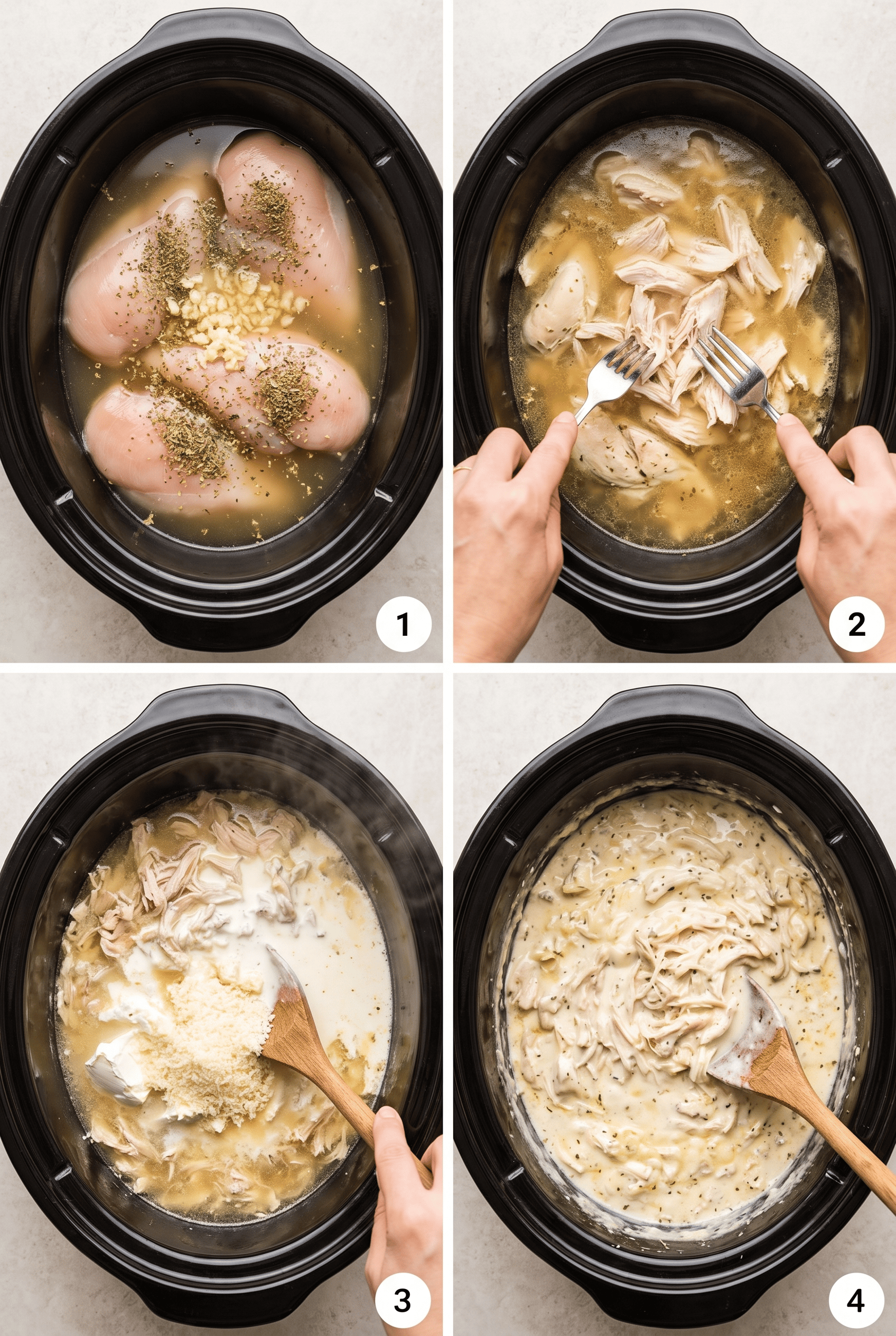 Step by step process collage for making crockpot chicken alfredo