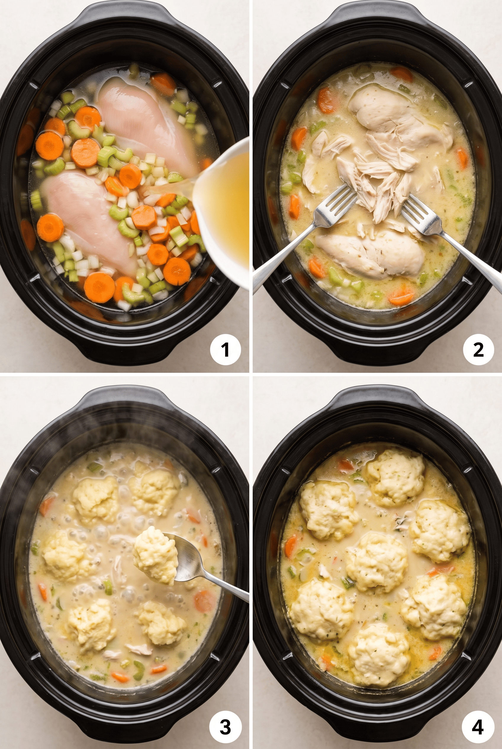 Step by step process collage for making crockpot chicken and dumplings
