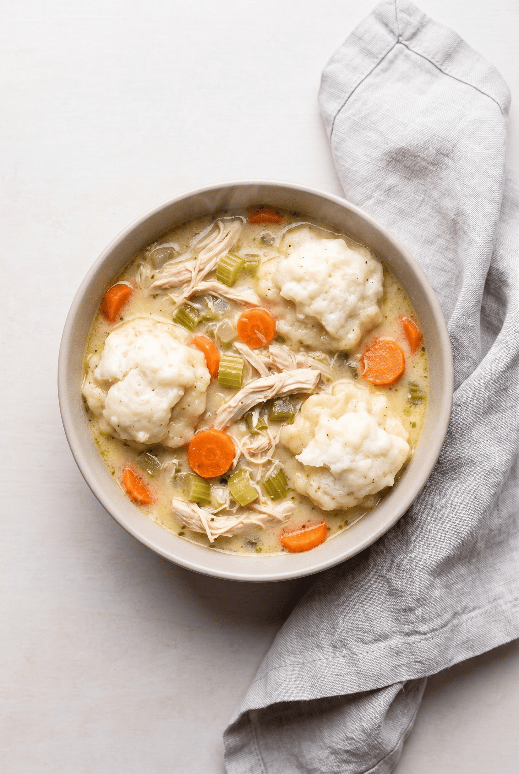Overhead view of crockpot chicken and dumplings