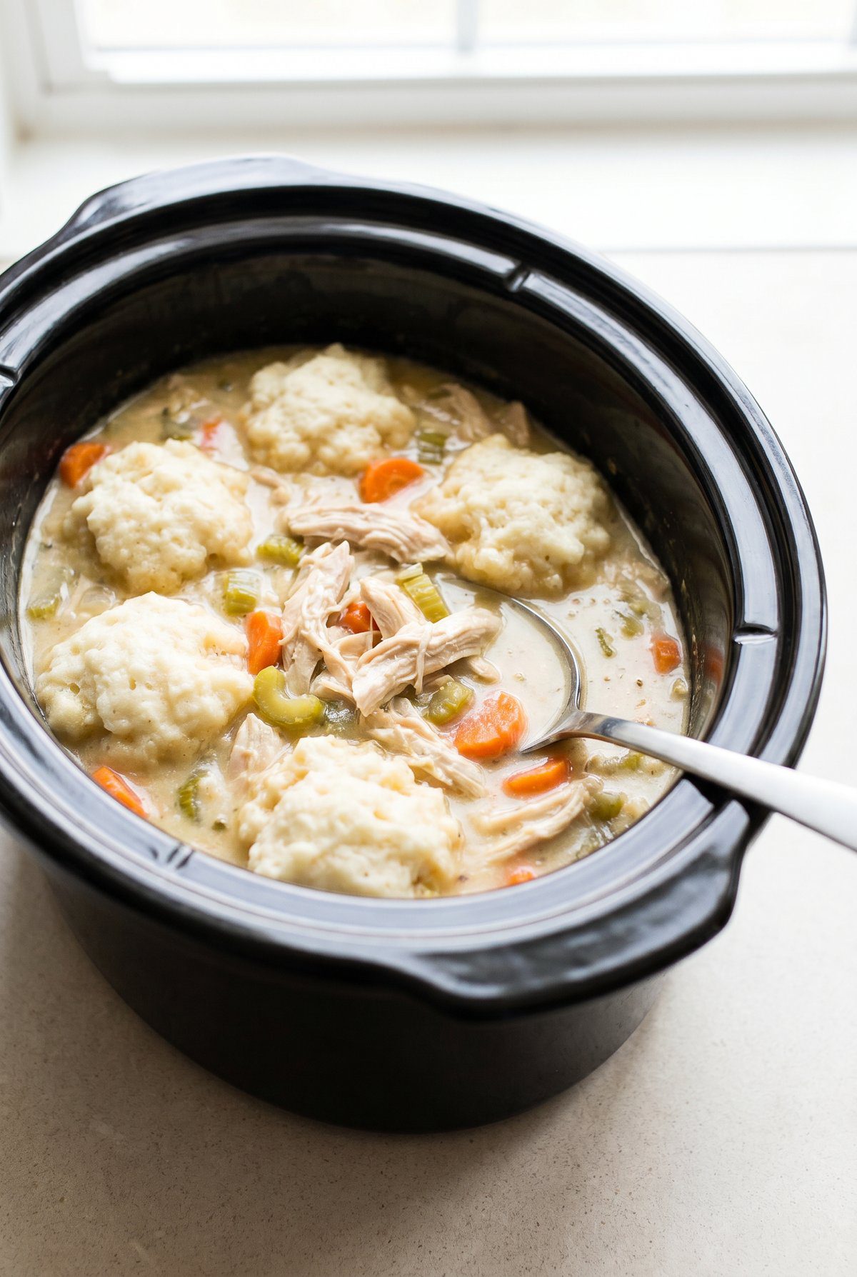 Crockpot Chicken and Dumplings finished in the slow cooker
