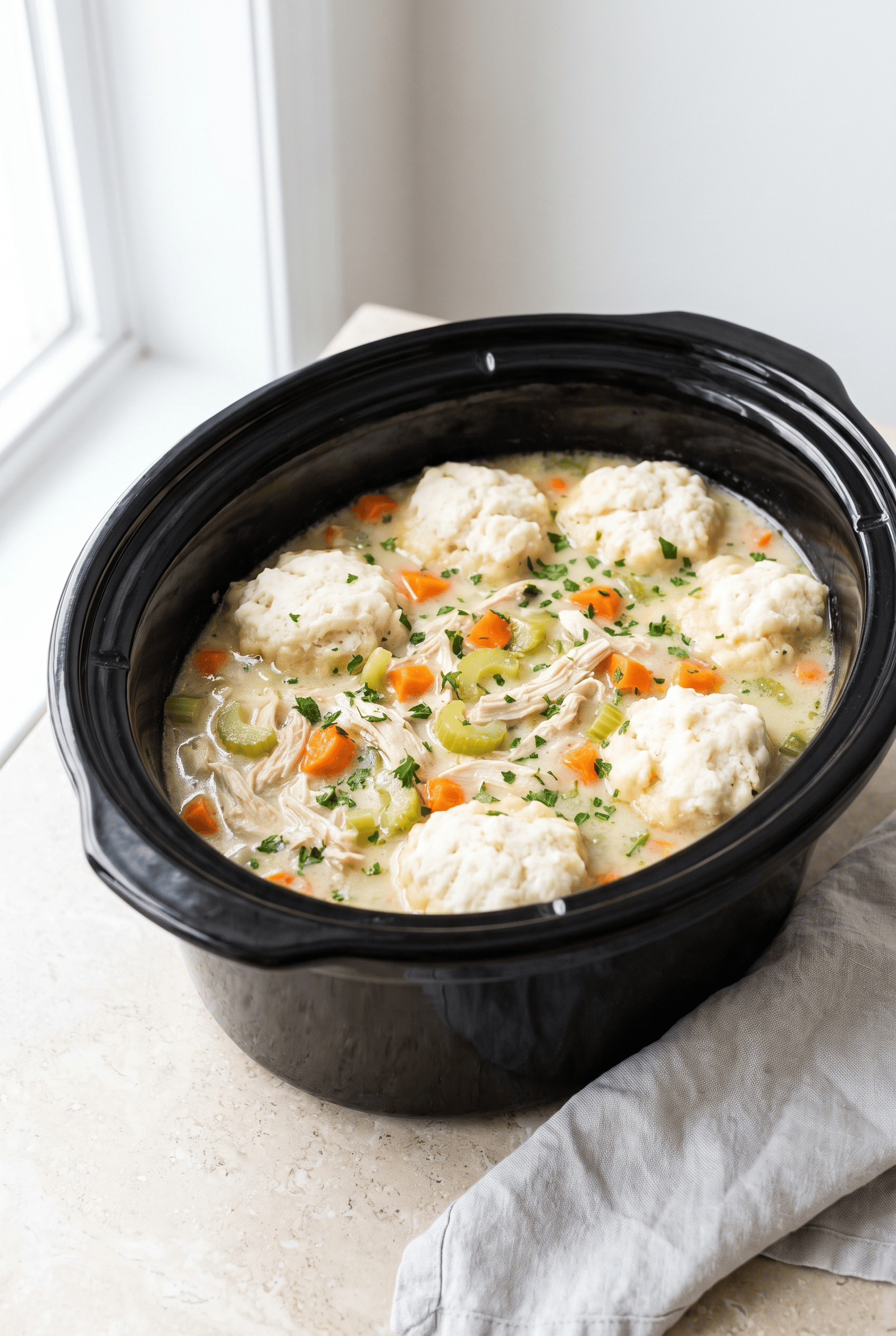 Crockpot Chicken and Dumplings finished in the slow cooker