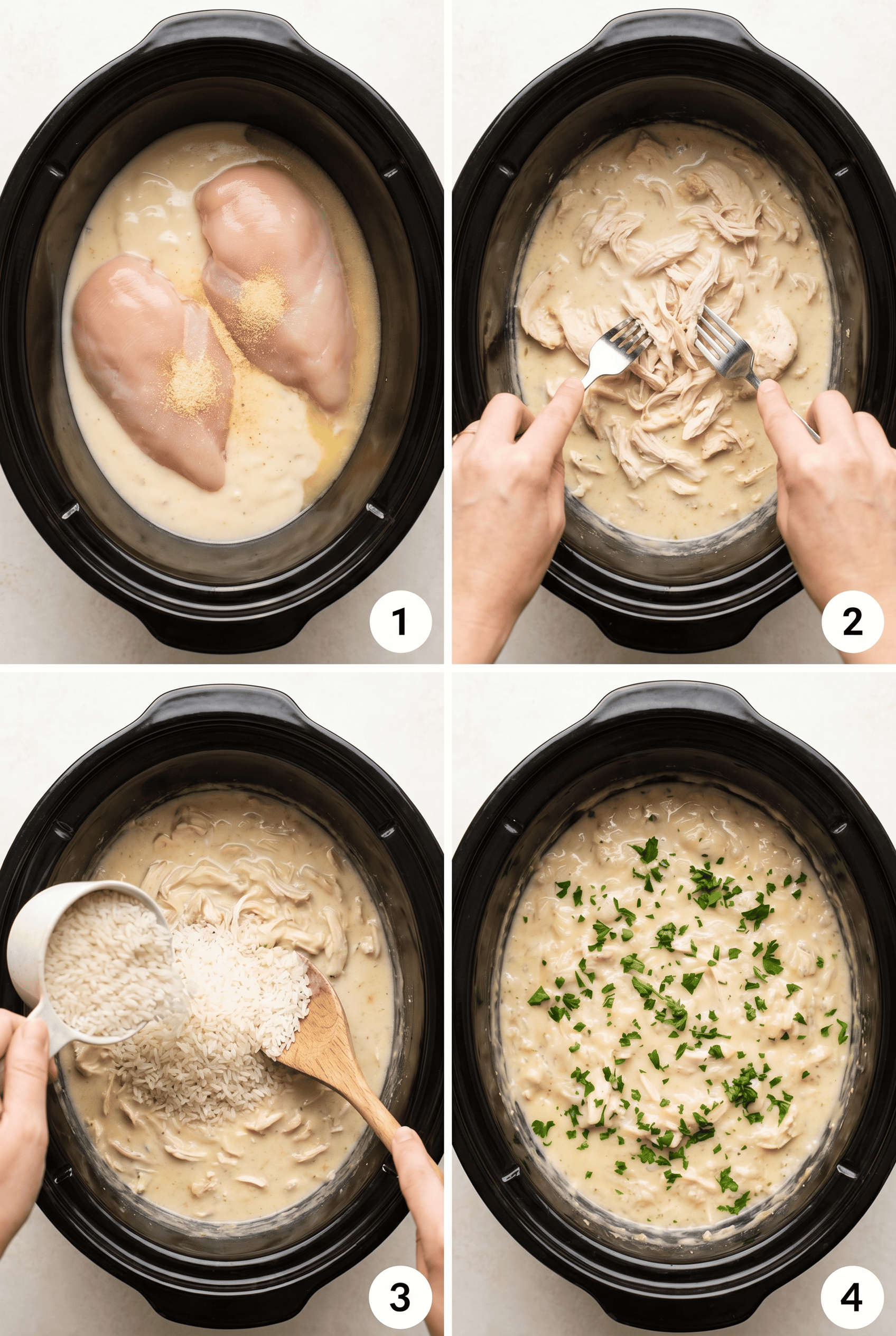 Step by step process collage for making crockpot chicken and rice