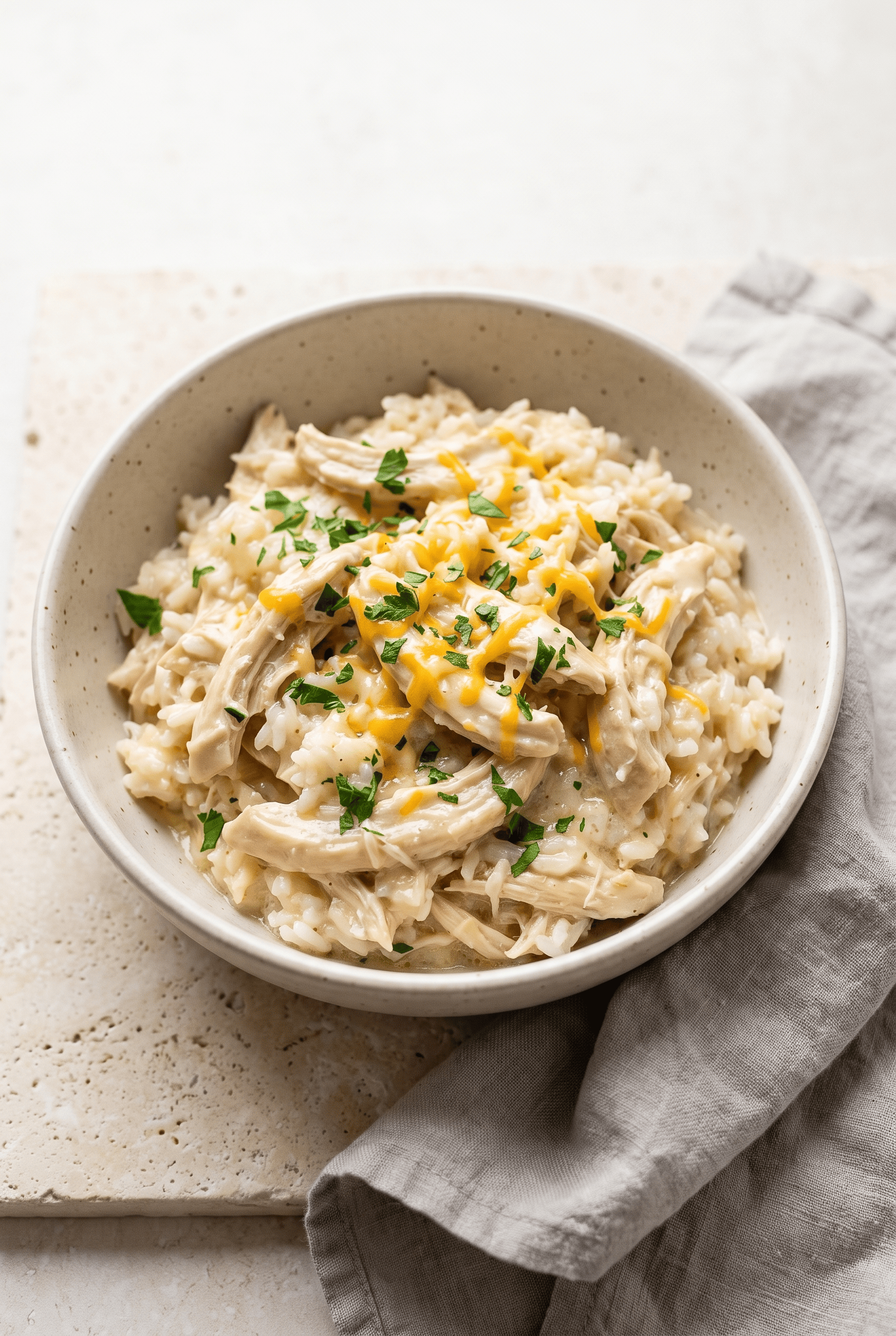 Creamy crockpot chicken and rice garnished with parsley