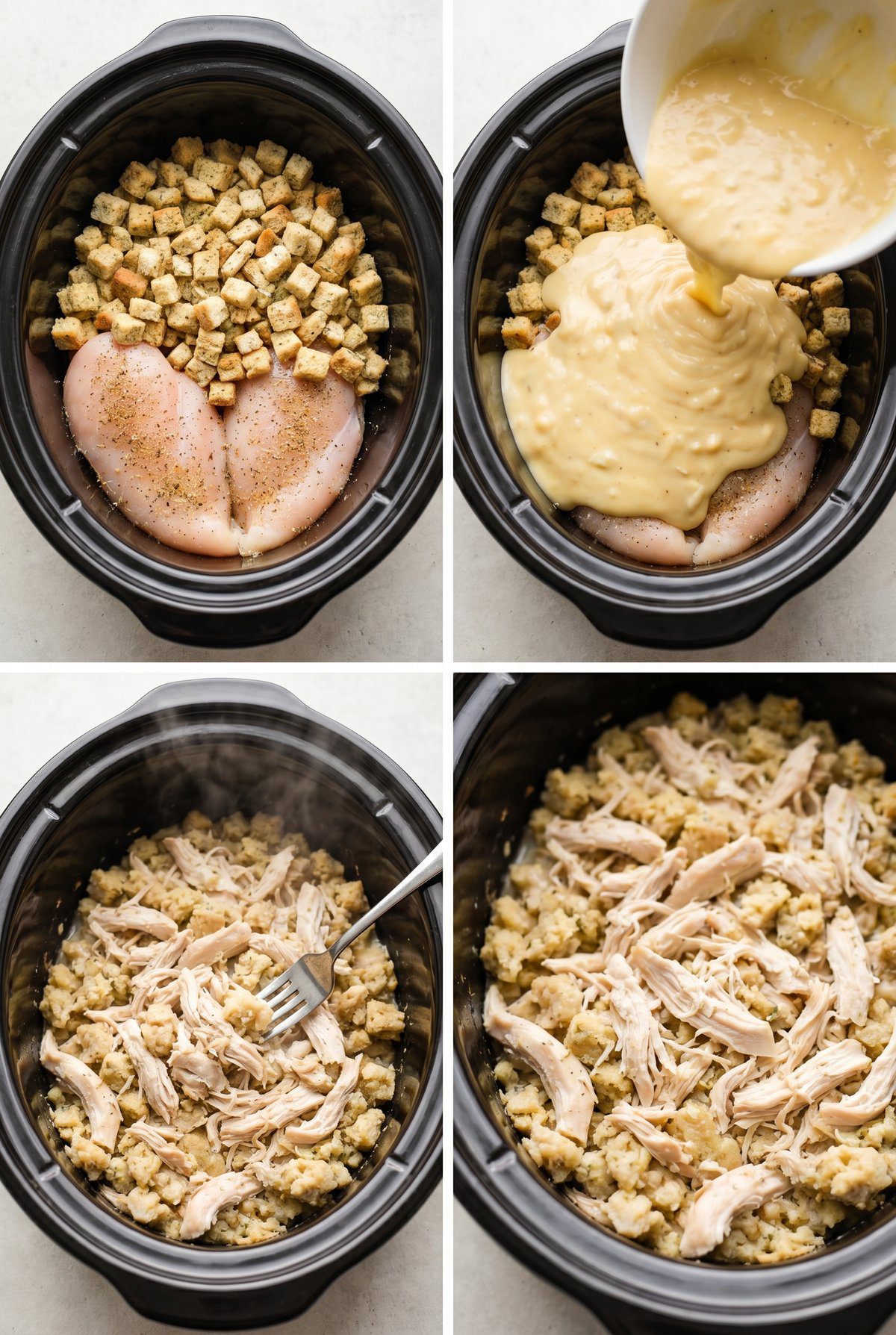 Step by step process collage for making crockpot chicken and stuffing