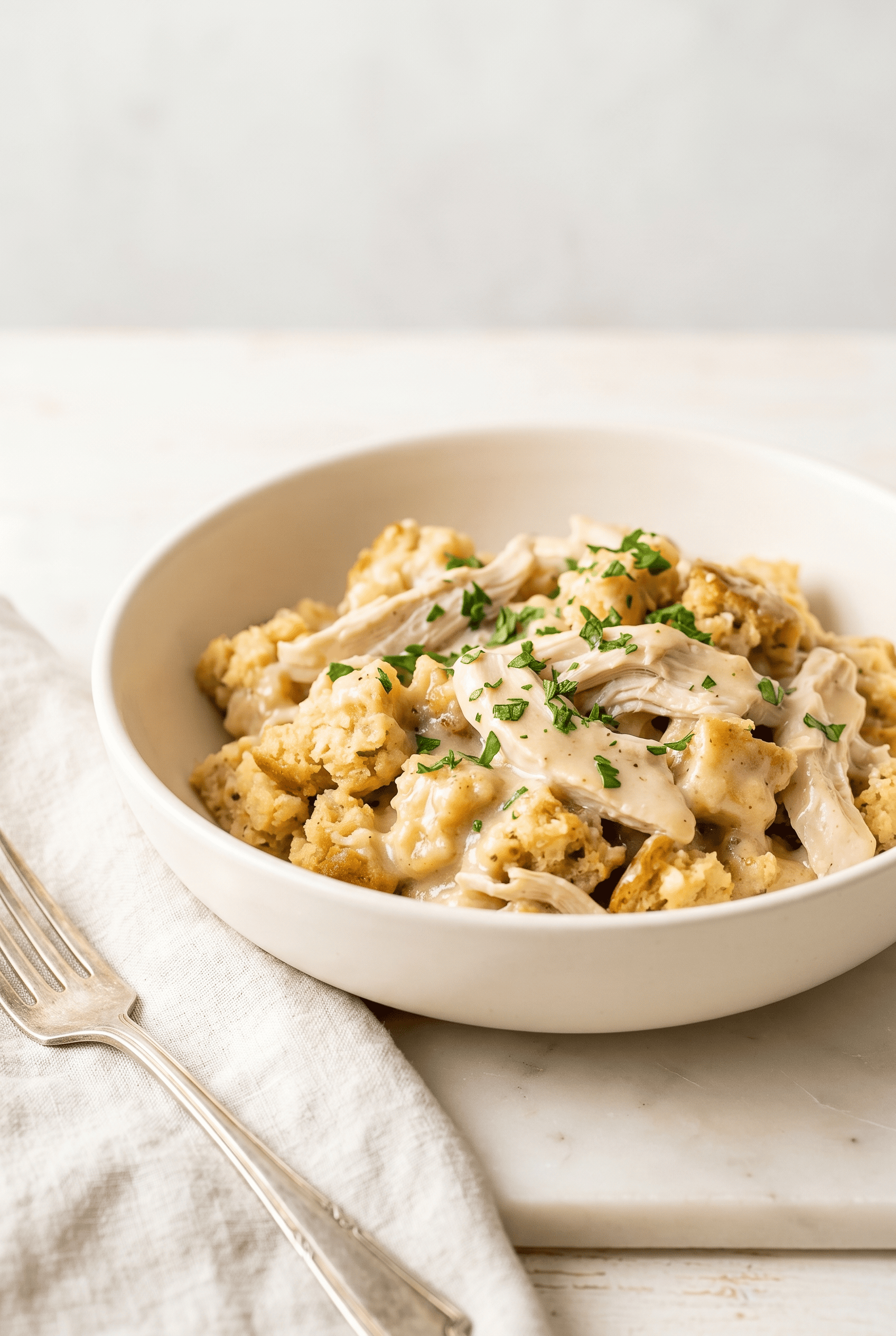 Crockpot chicken and stuffing in a white bowl, shredded chicken and gravy over herbed stuffing