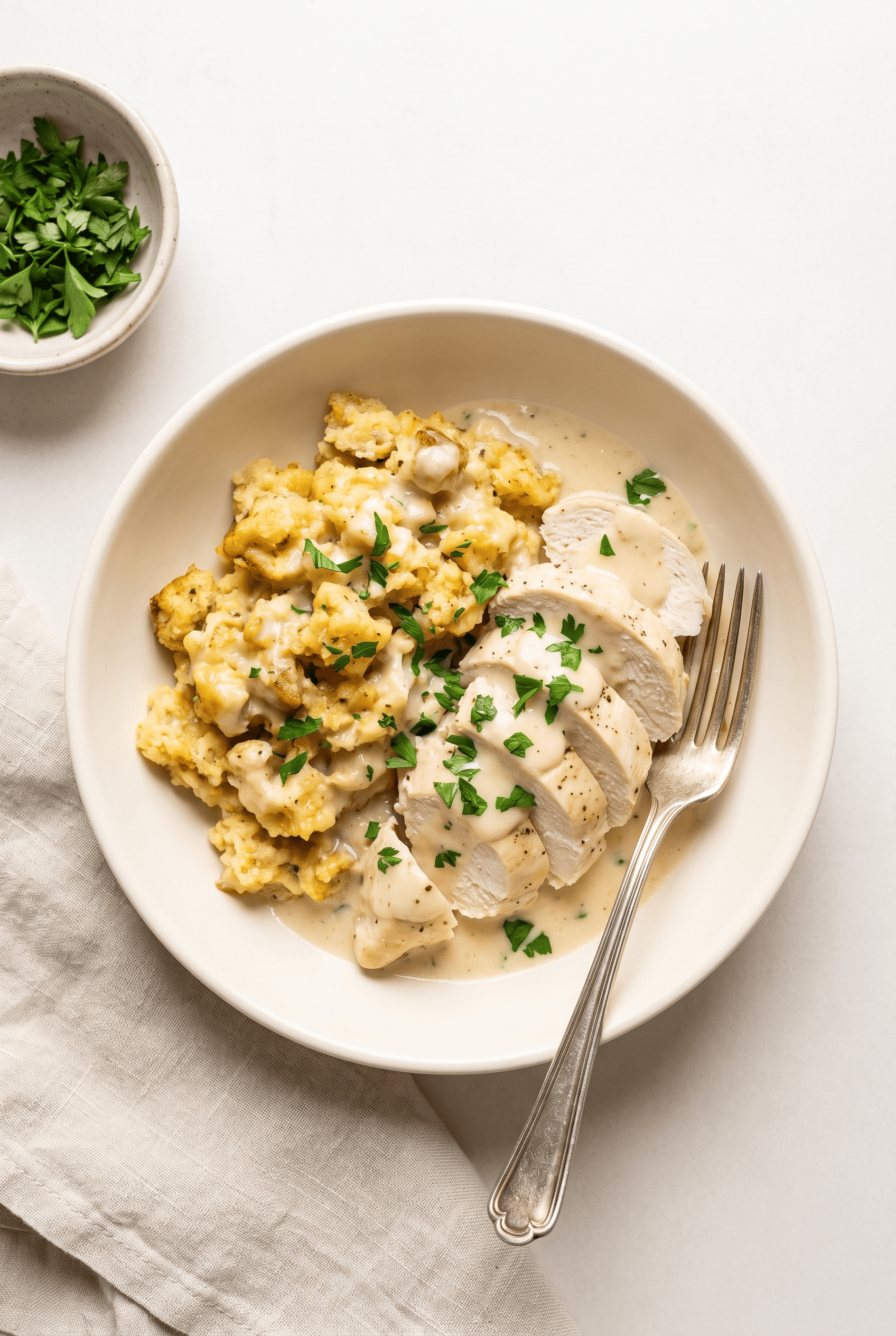 Overhead view of crockpot chicken and stuffing