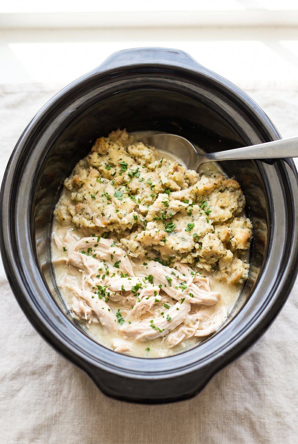 Crockpot Chicken and Stuffing finished in the slow cooker