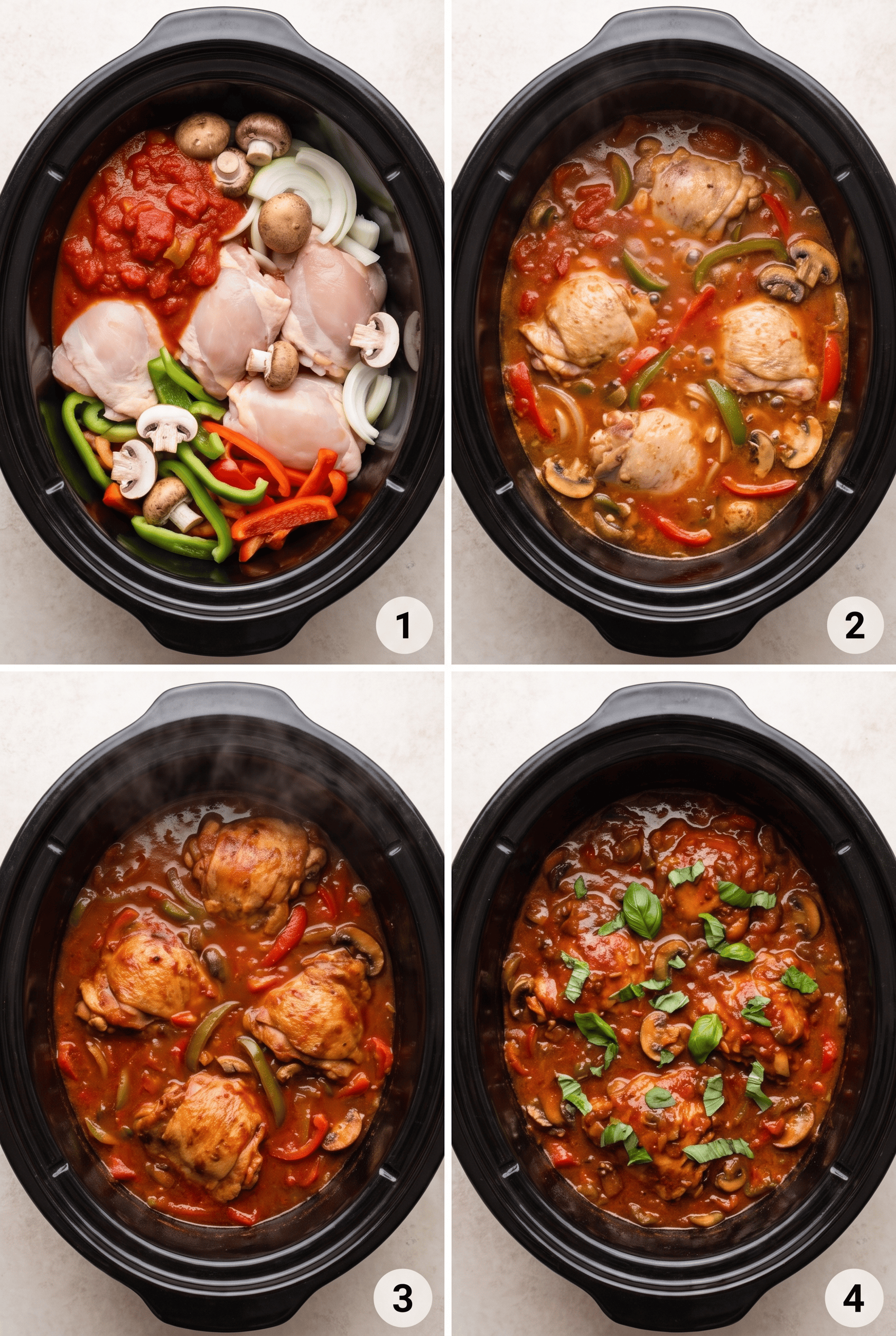 Step by step process collage for making crockpot chicken cacciatore