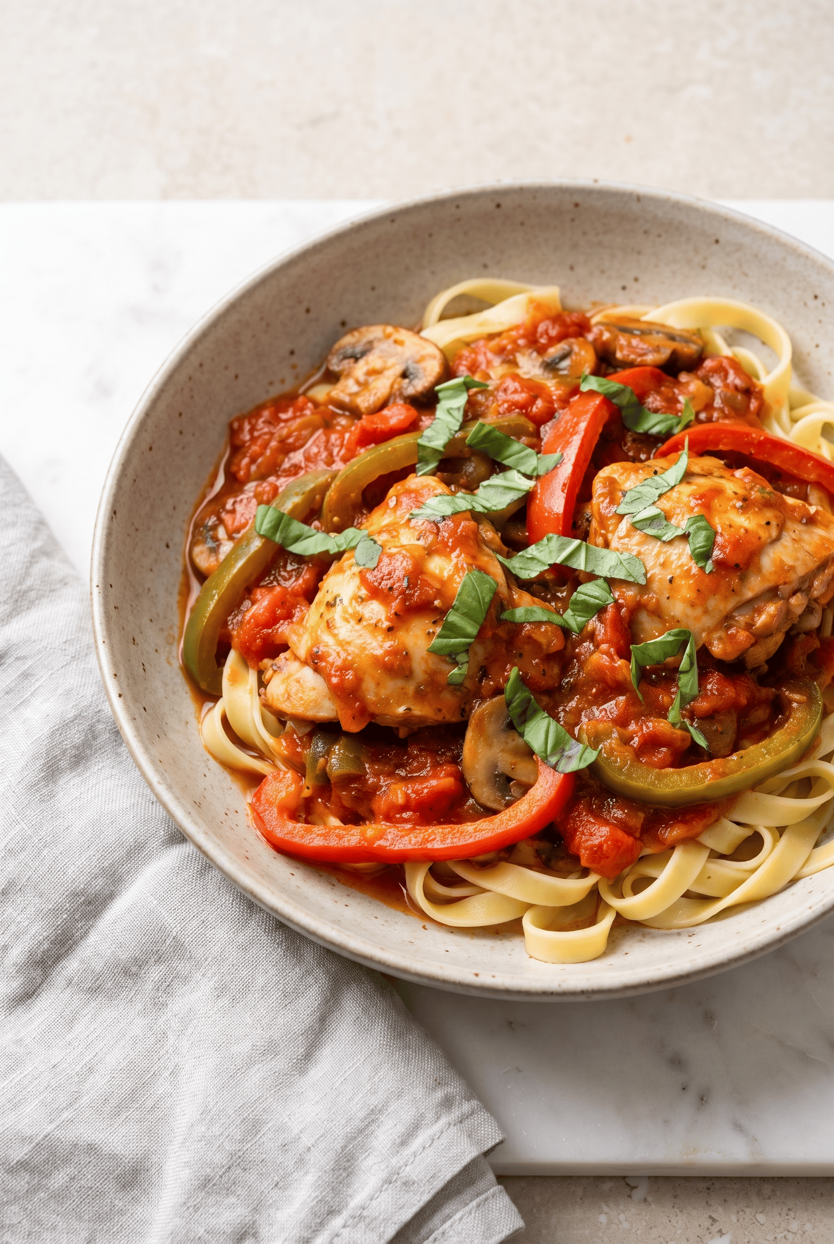 Crockpot chicken cacciatore with bell peppers and mushrooms in tomato sauce over fettuccine, topped with fresh basil