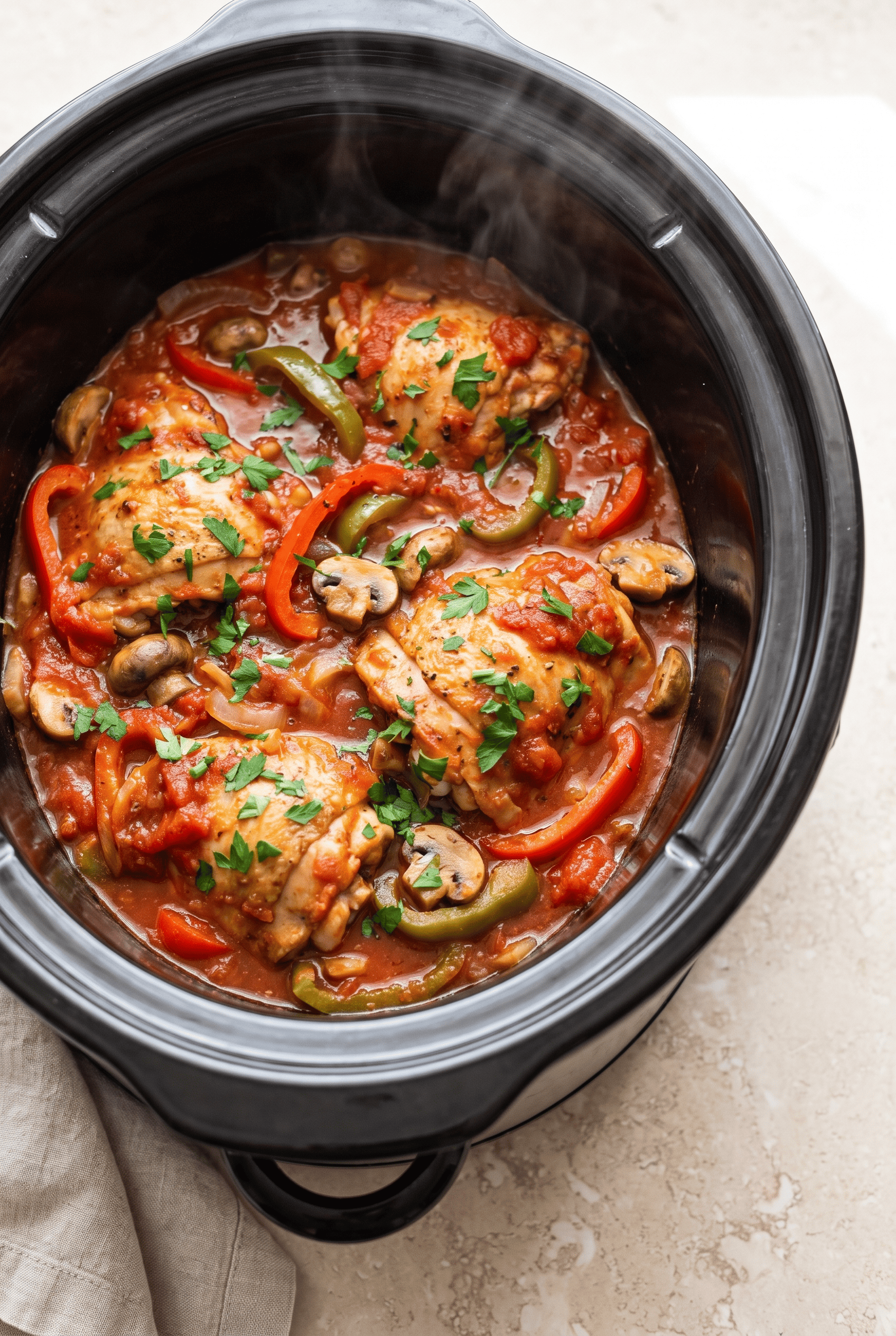 Crockpot Chicken Cacciatore finished in the slow cooker