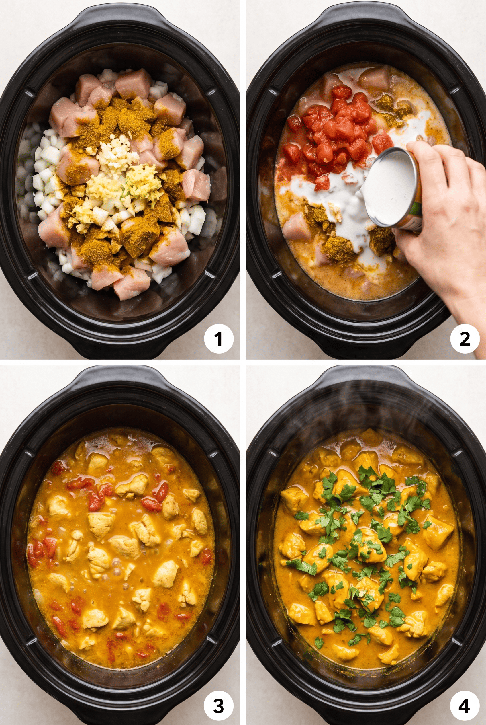 Step by step process collage for making crockpot chicken curry