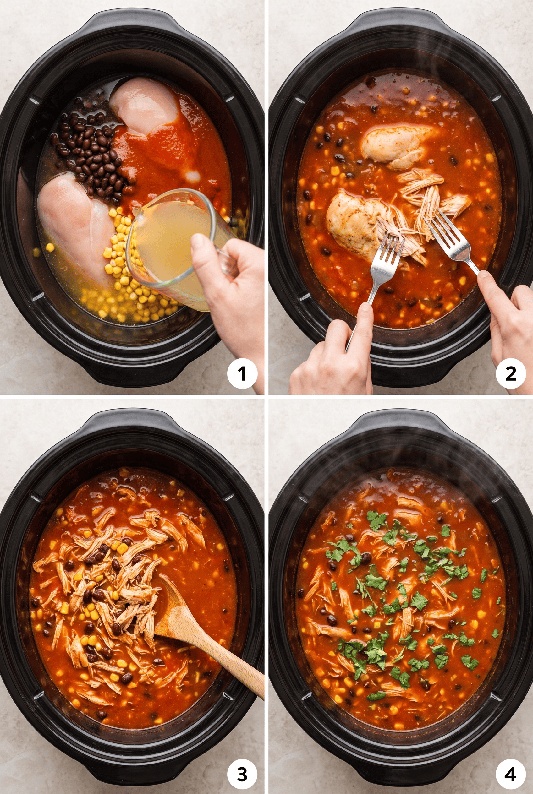 Step by step process collage for making crockpot chicken enchilada soup