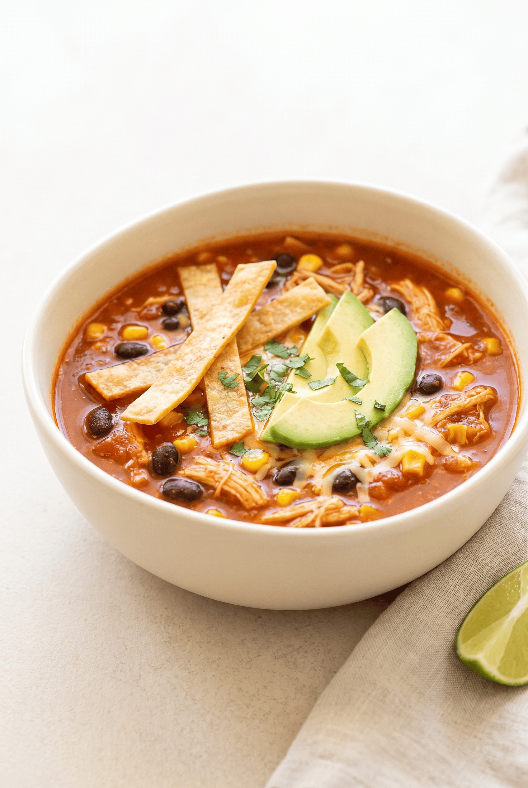 Crockpot chicken enchilada soup topped with tortilla strips, sliced avocado, and shredded cheese