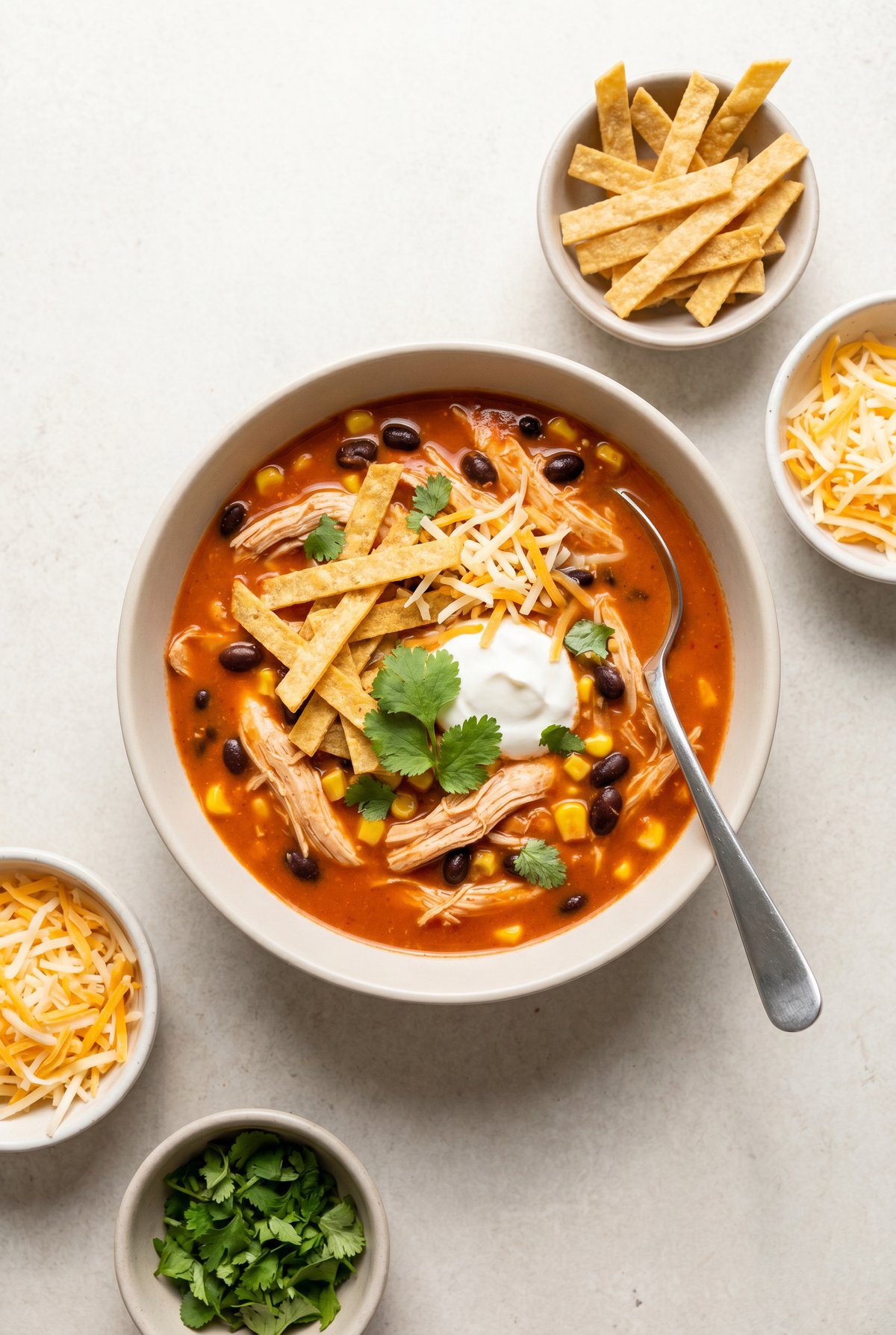 Overhead view of crockpot chicken enchilada soup