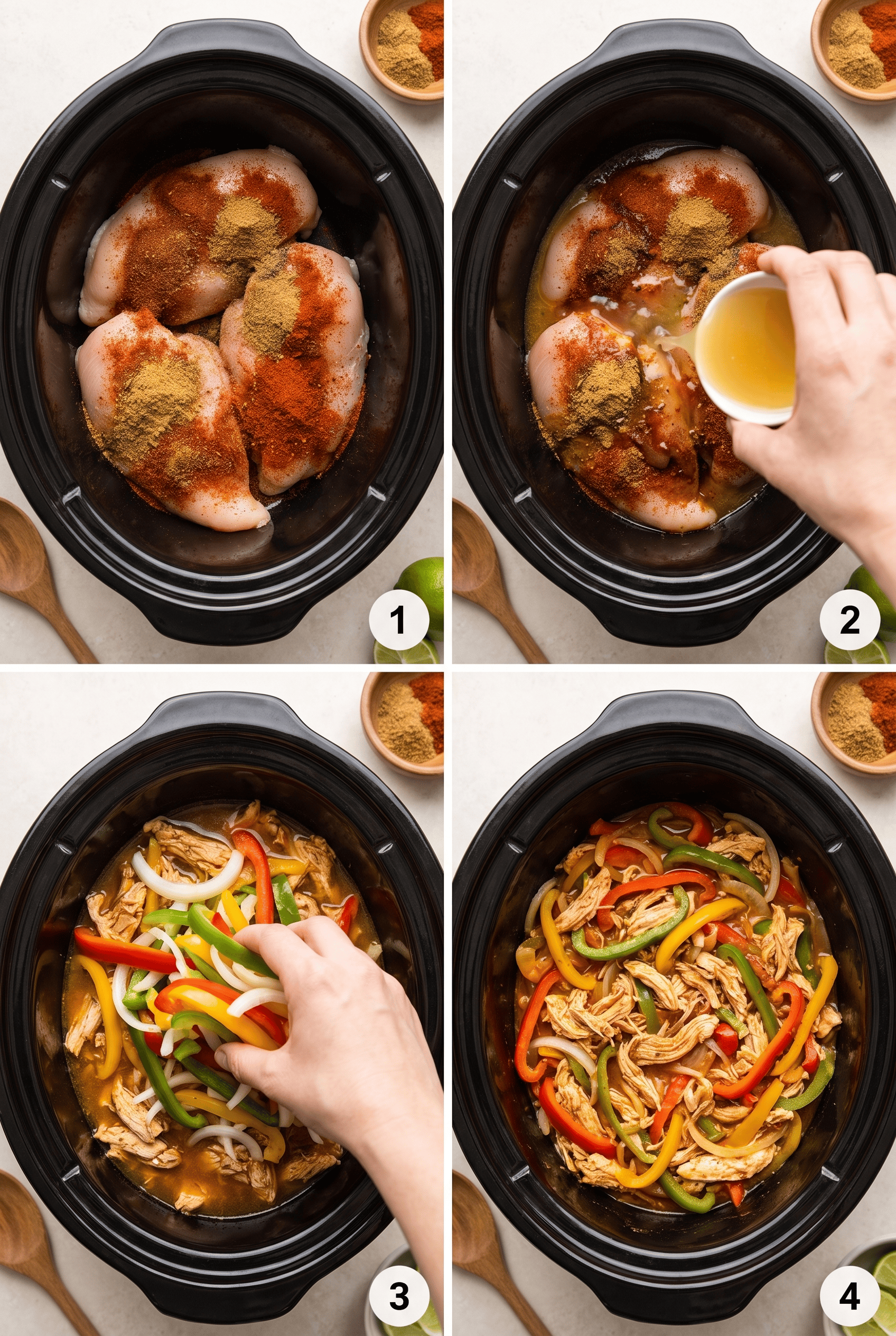 Step by step process collage for making crockpot chicken fajitas