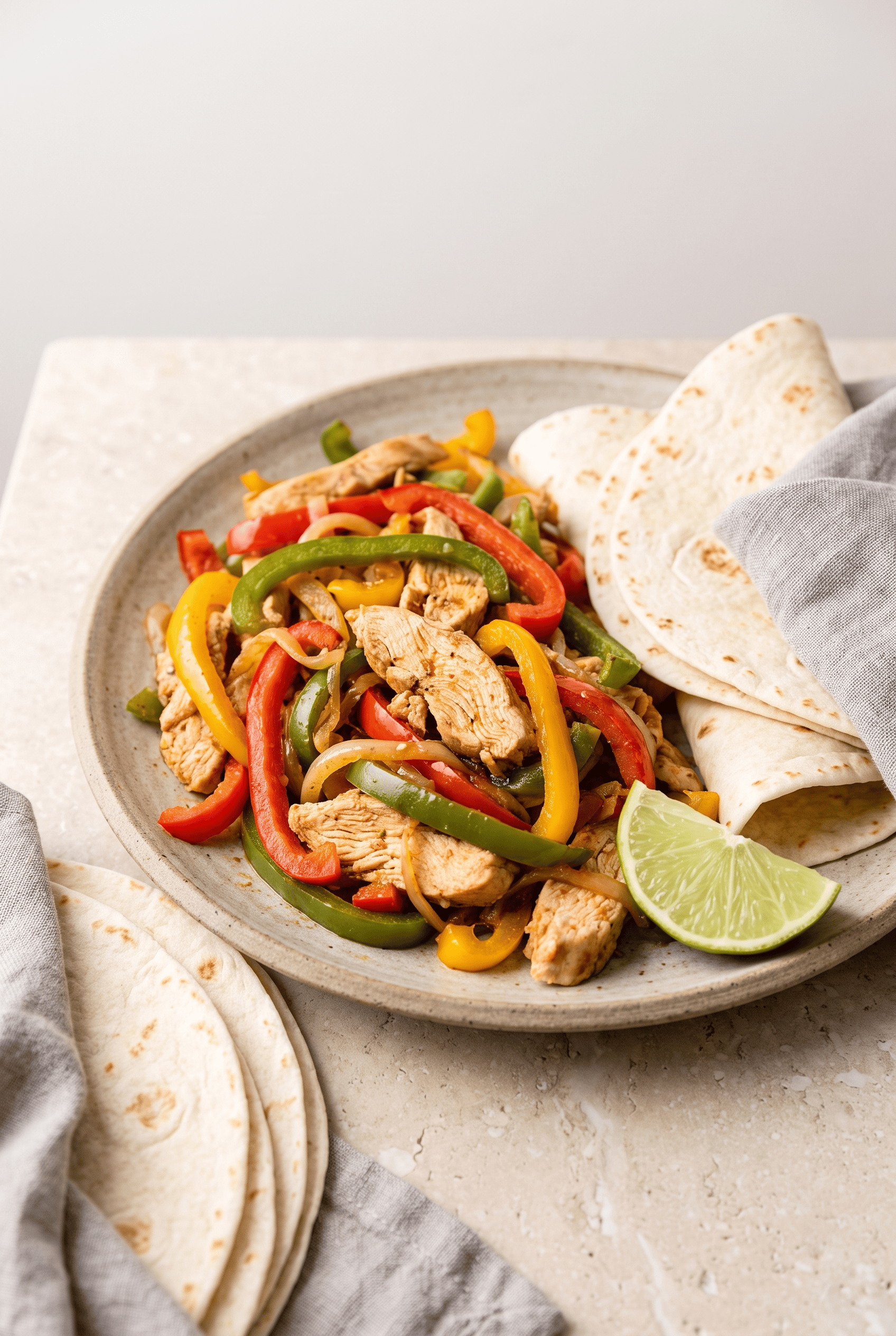 Crockpot chicken fajitas with red, green, and yellow bell peppers on a plate with warm flour tortillas and lime