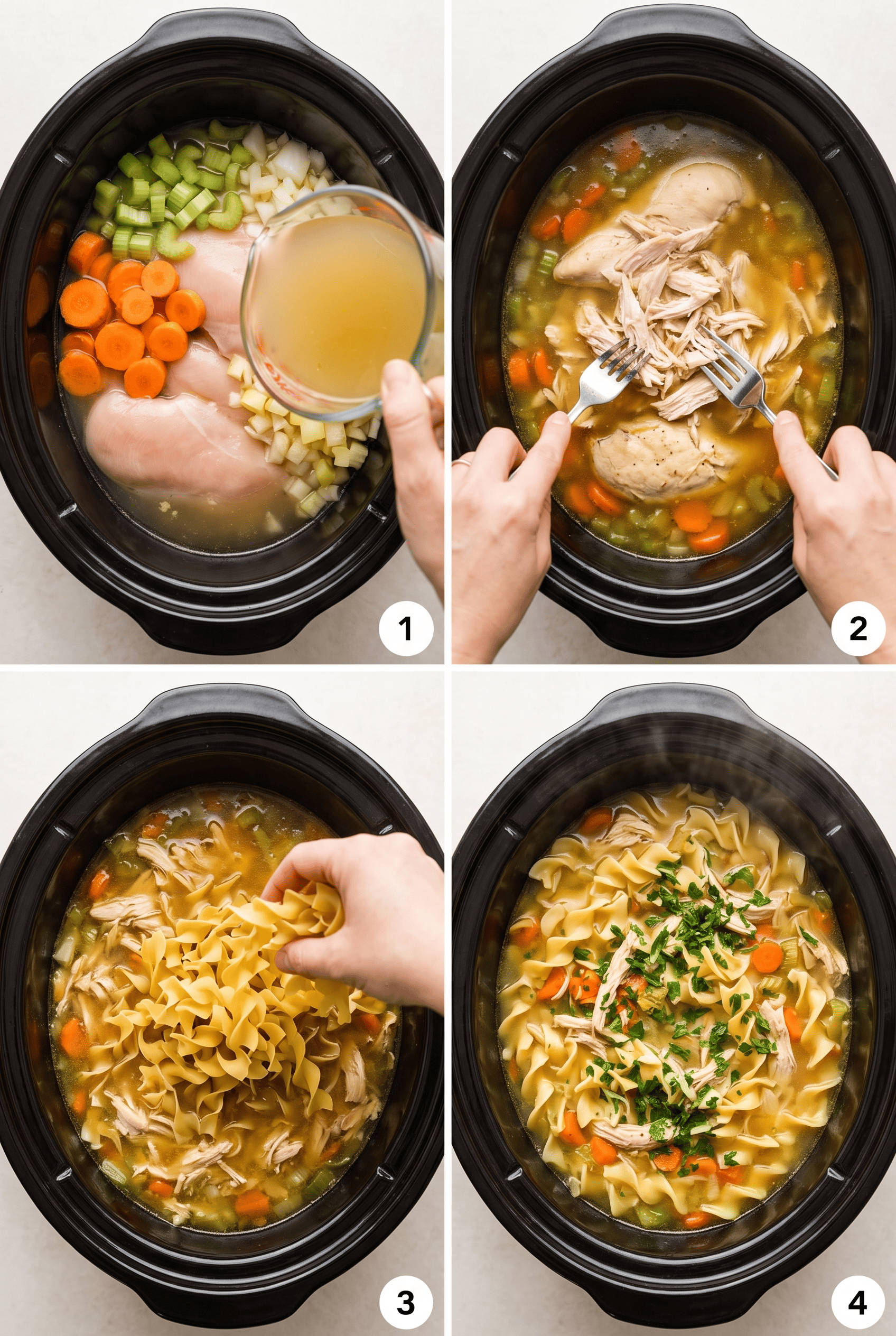 Step by step process collage for making crockpot chicken noodle soup