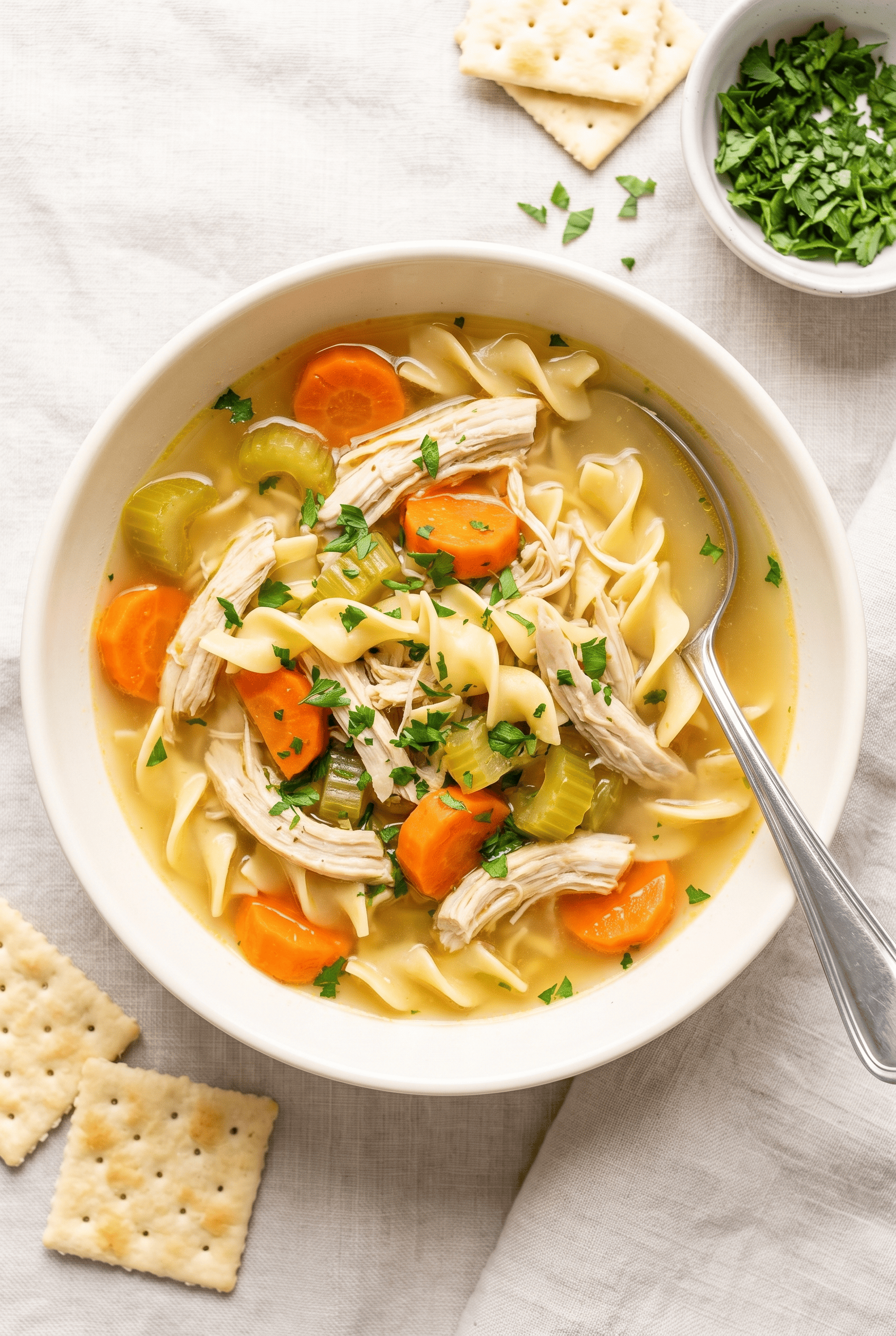 Overhead view of crockpot chicken noodle soup