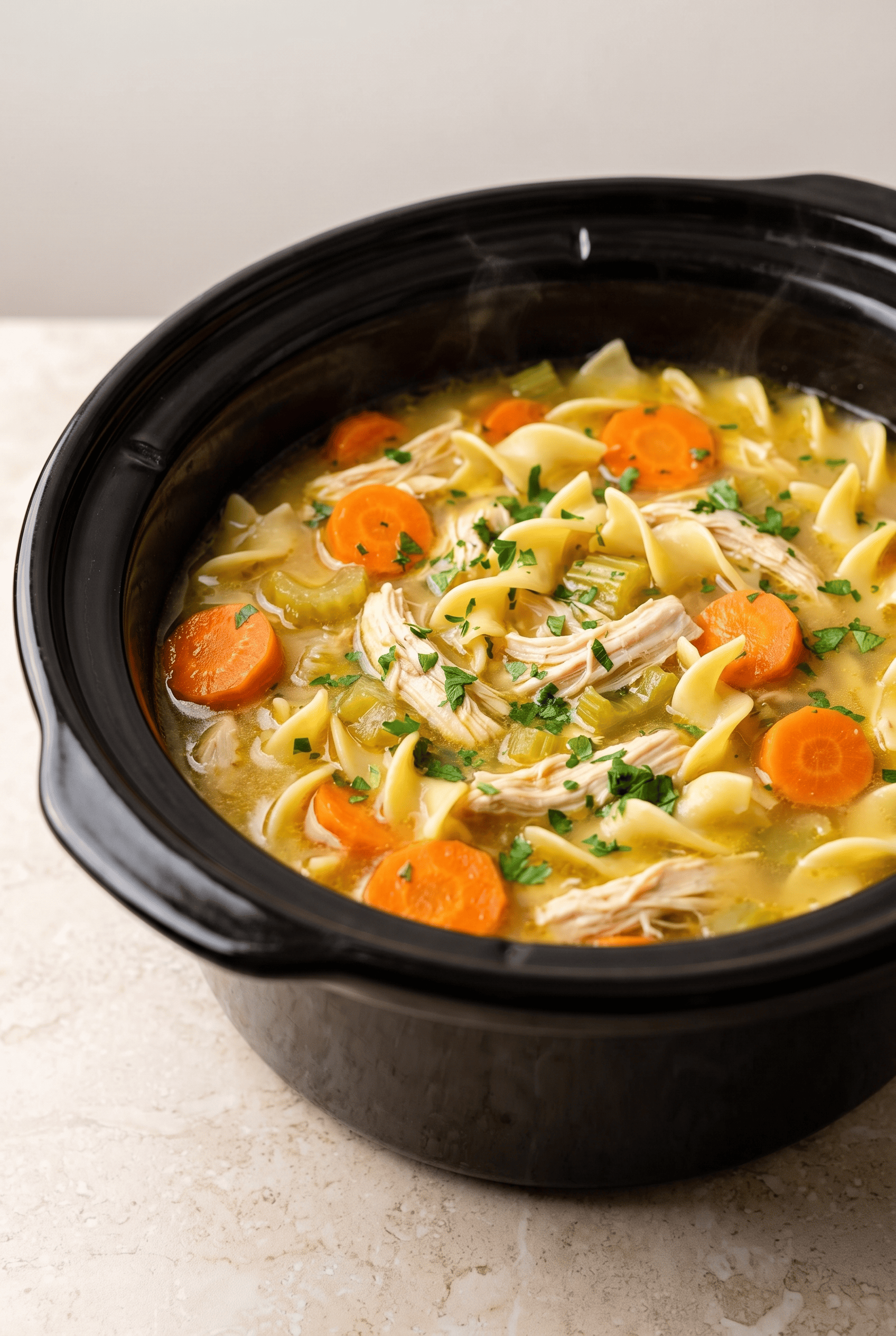 Crockpot Chicken Noodle Soup finished in the slow cooker