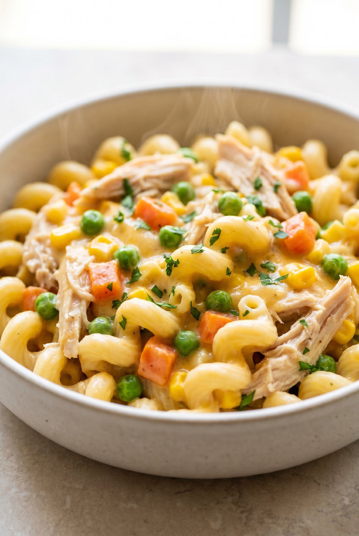 Close-up of Crockpot Chicken Pot Pie Pasta